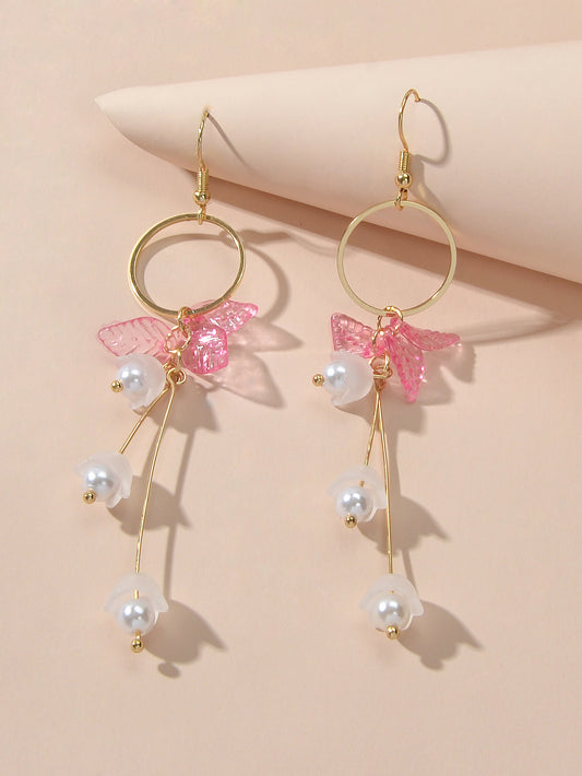 Charming Pearl Green Hotpink Resin Leaf Charm Gold Circle Dangle Women Earrings
