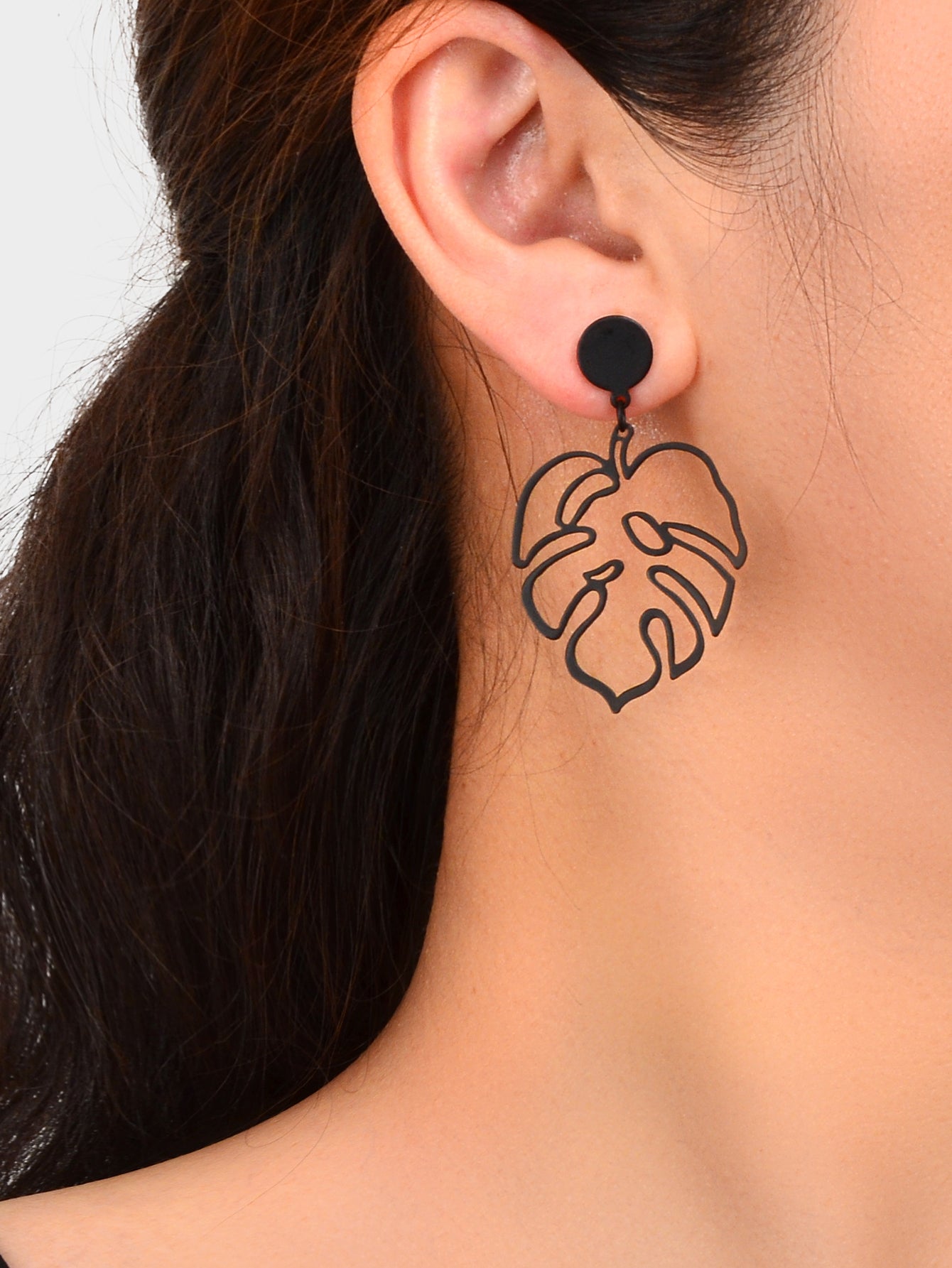 Pierced Abstract Geometric Black Leaf Hollow Statement Earrings Plant Stud Gift