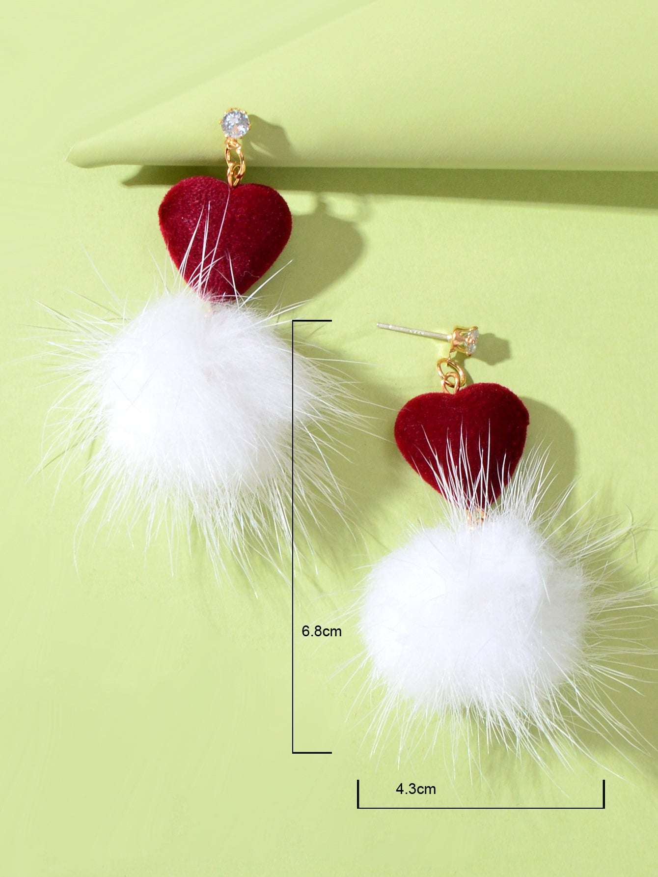 Sweet Red Heart White Fluffy Faux Fur Pom Pom Ball Dangle Earrings Jewellery