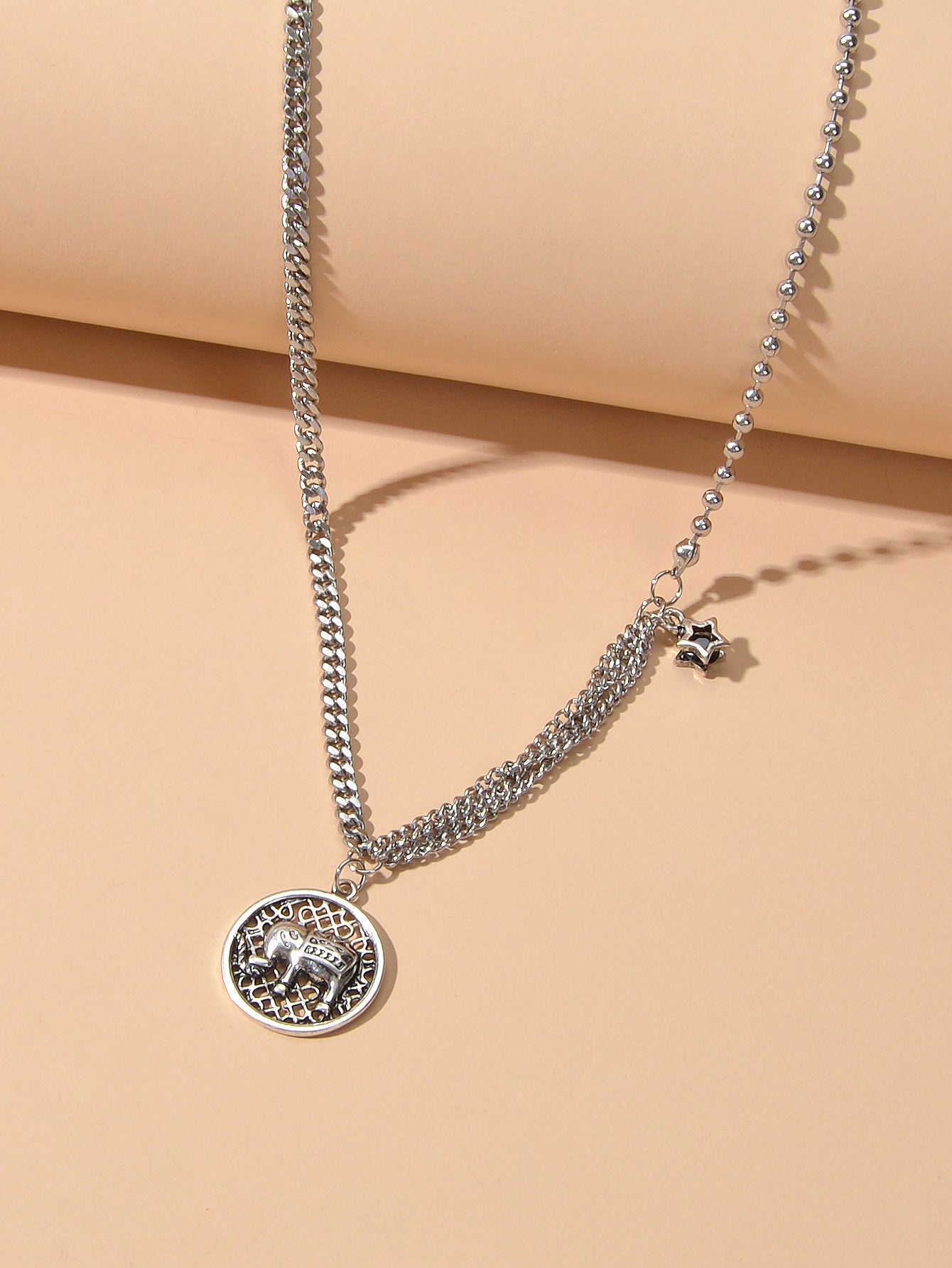 Intricate Antique Silver Multiple Chain Star Elephant Hollow Round Necklace Gift