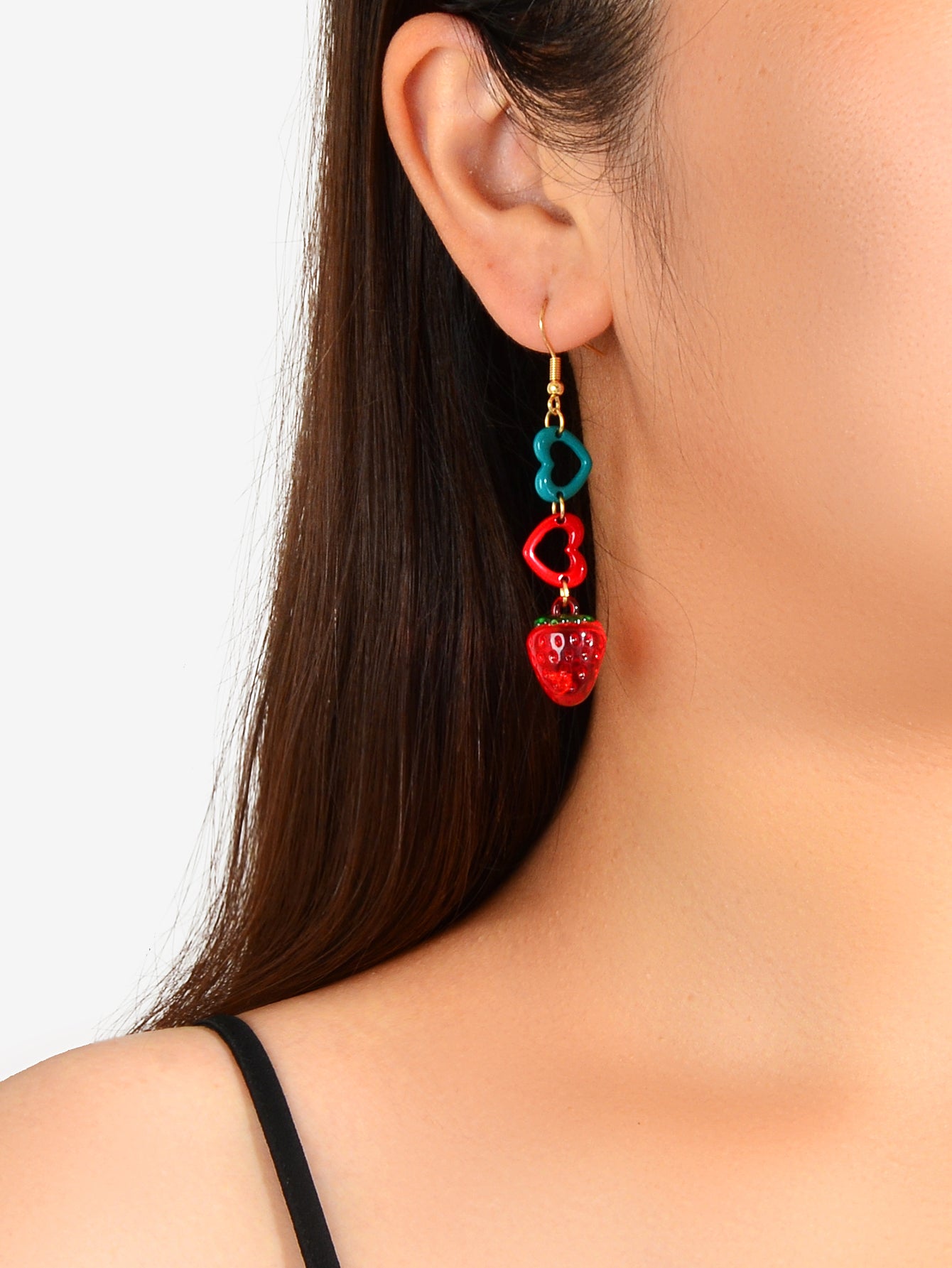 Colourful Heart Strawberry Earrings Long Dangle Drop Fruit Jewellery Funky Gift