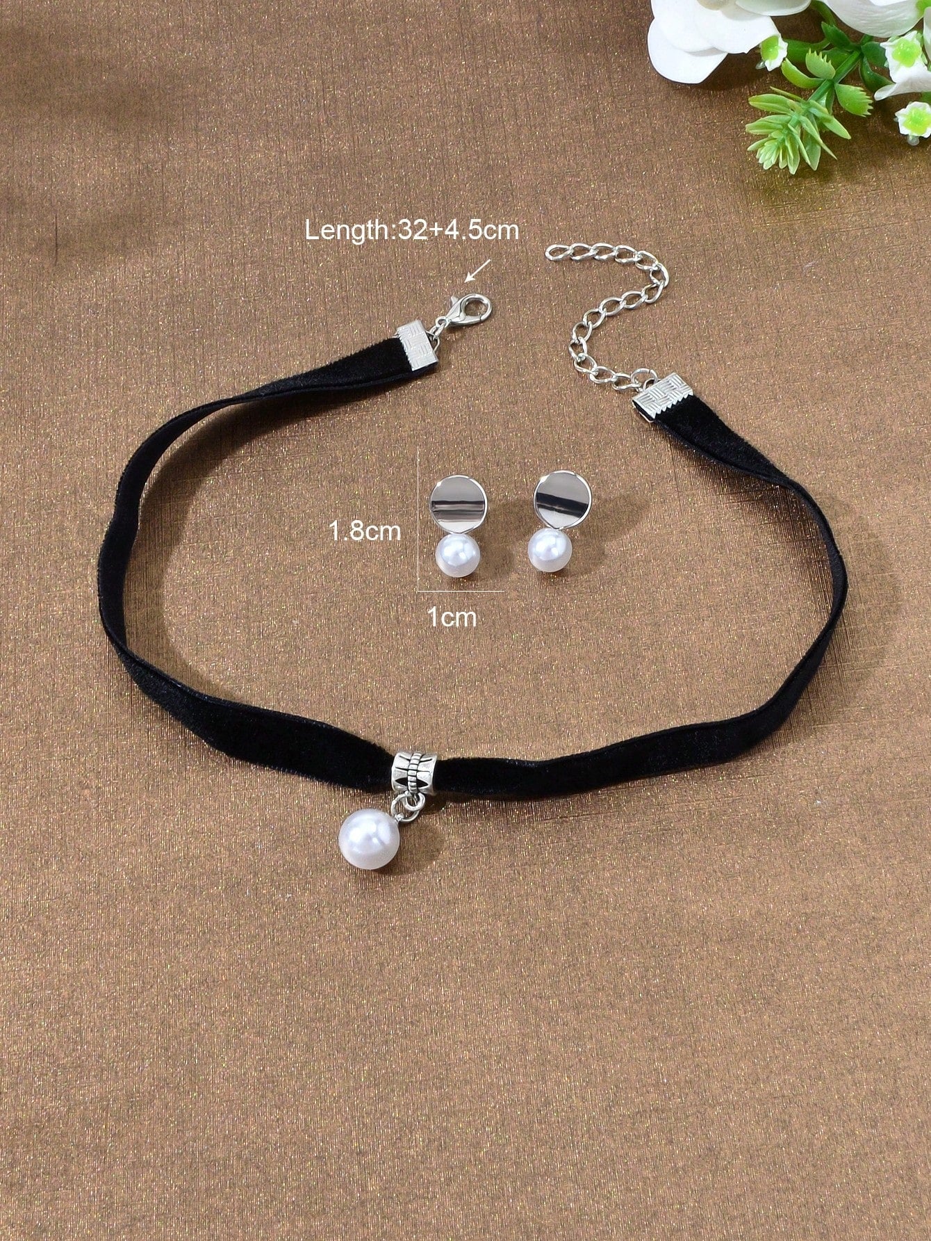 Black Velvet Pearl Pendant Necklace & Stud Earrings - Timeless Charm Jewelry Set