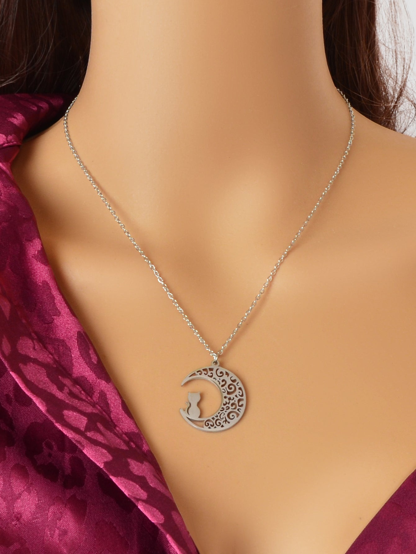 Party Jewelry Gift Silver Chain Stainless Steel Hollow Moon Cat Pendant Necklace