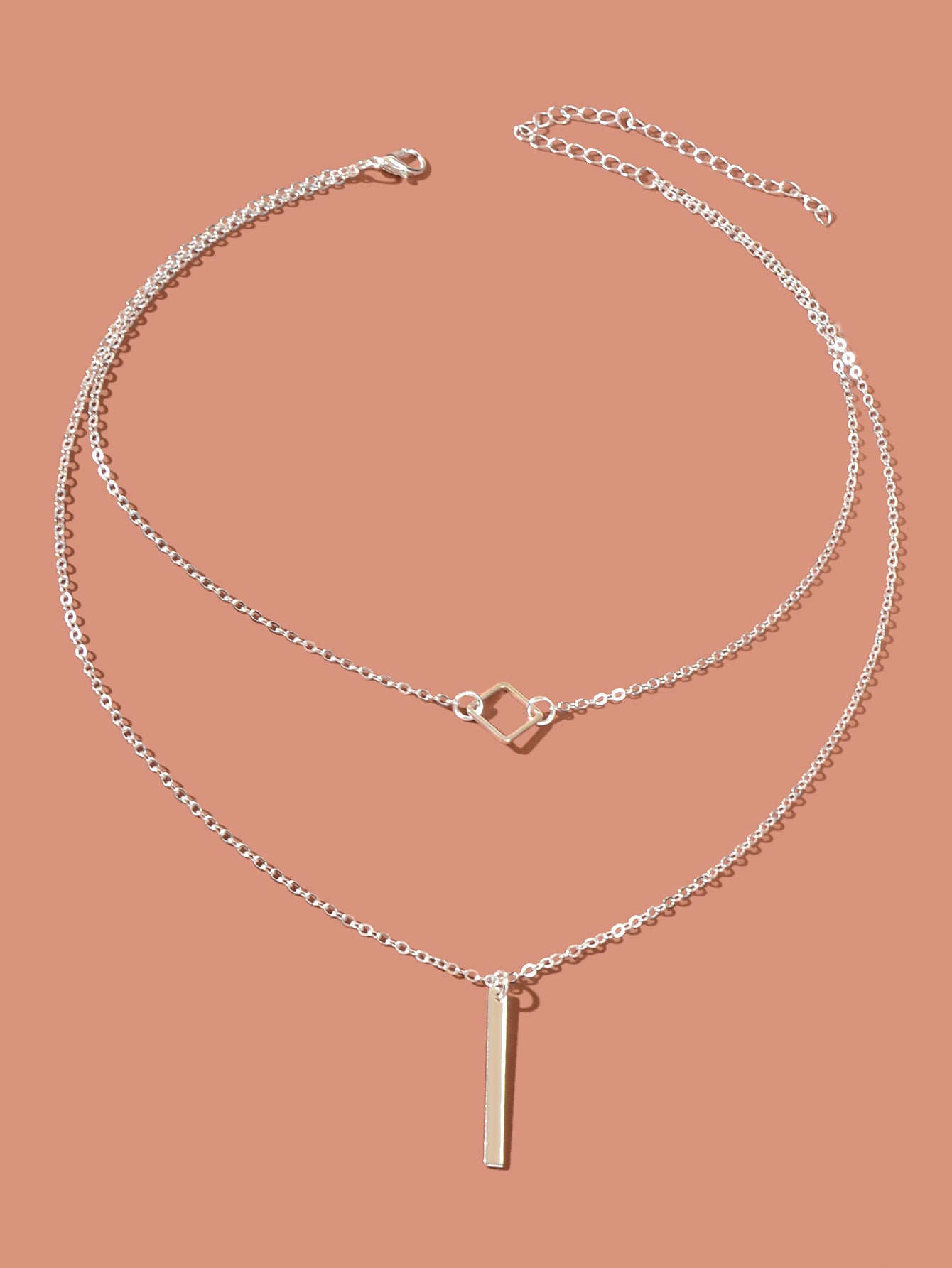 Double Layer Silver Chain Y Style Square Bar Pendant Necklace Party Accessories