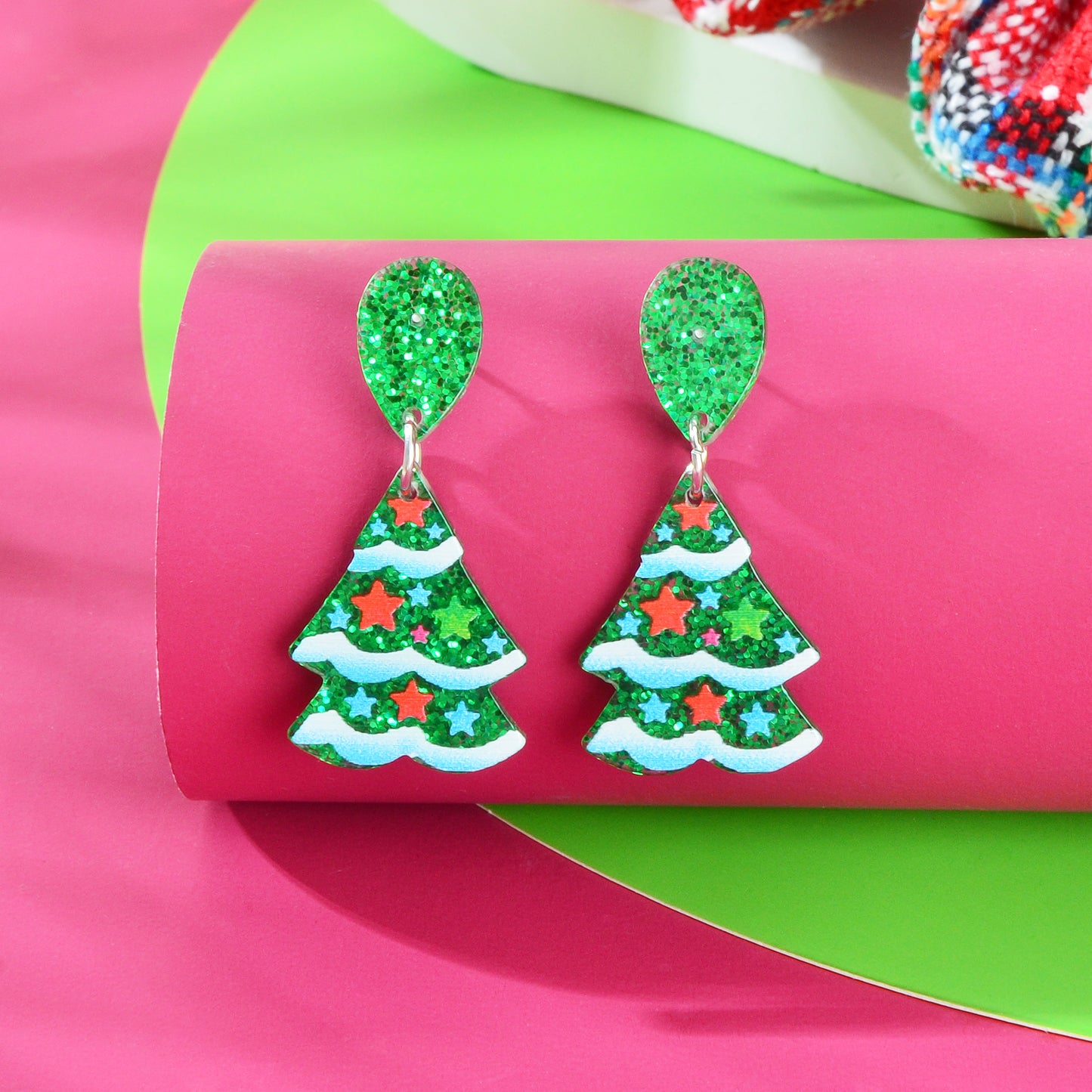 Sparkling Sequin Star Decor Christmas Tree Acrylic Dangle Earrings Jewelry