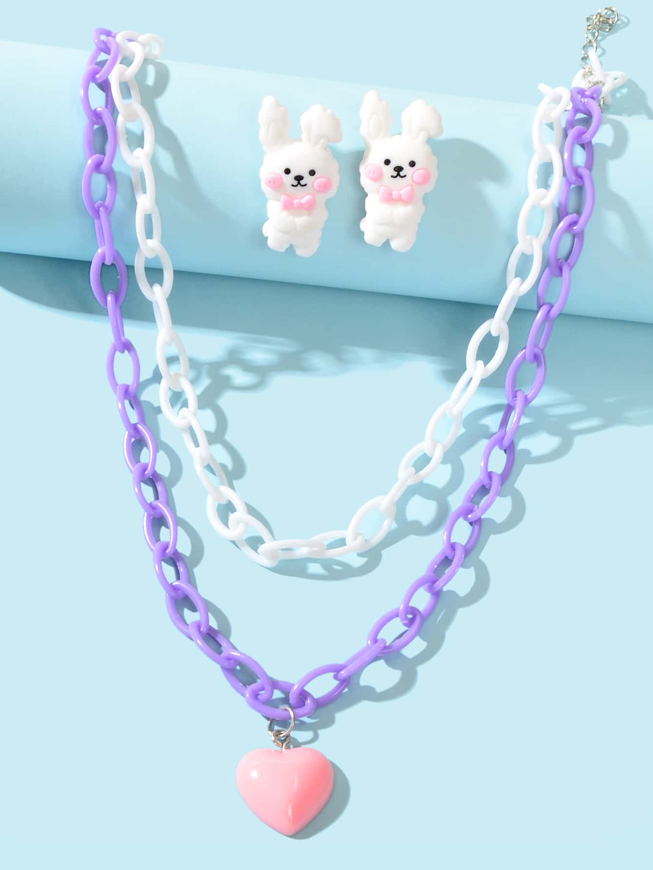 Colorful Resin Chain Heart Pendant Necklace & Bunny Earrings Easter Jewelry Set
