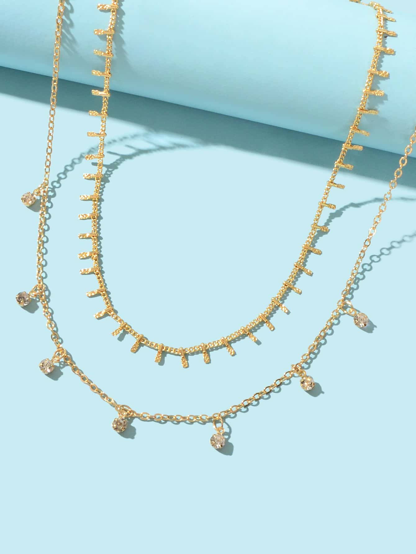 2 pcs Rhinestone Charm Layering Chain Necklace Personalized Women Choker