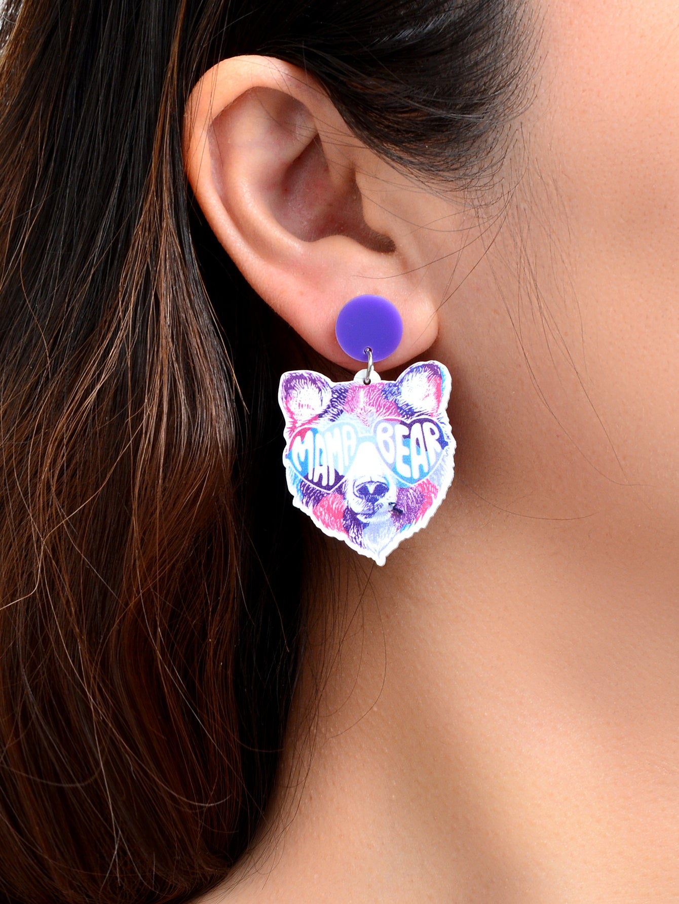 Stylish Purple Acrylic Letter Bear Head Dangle Earrings Women Party Decoration