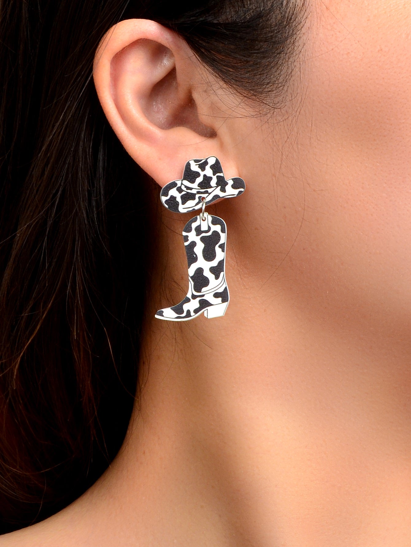 Retro Design Style Cowboy Boots Hats Acrylic Black White Pattern Dangle Earrings