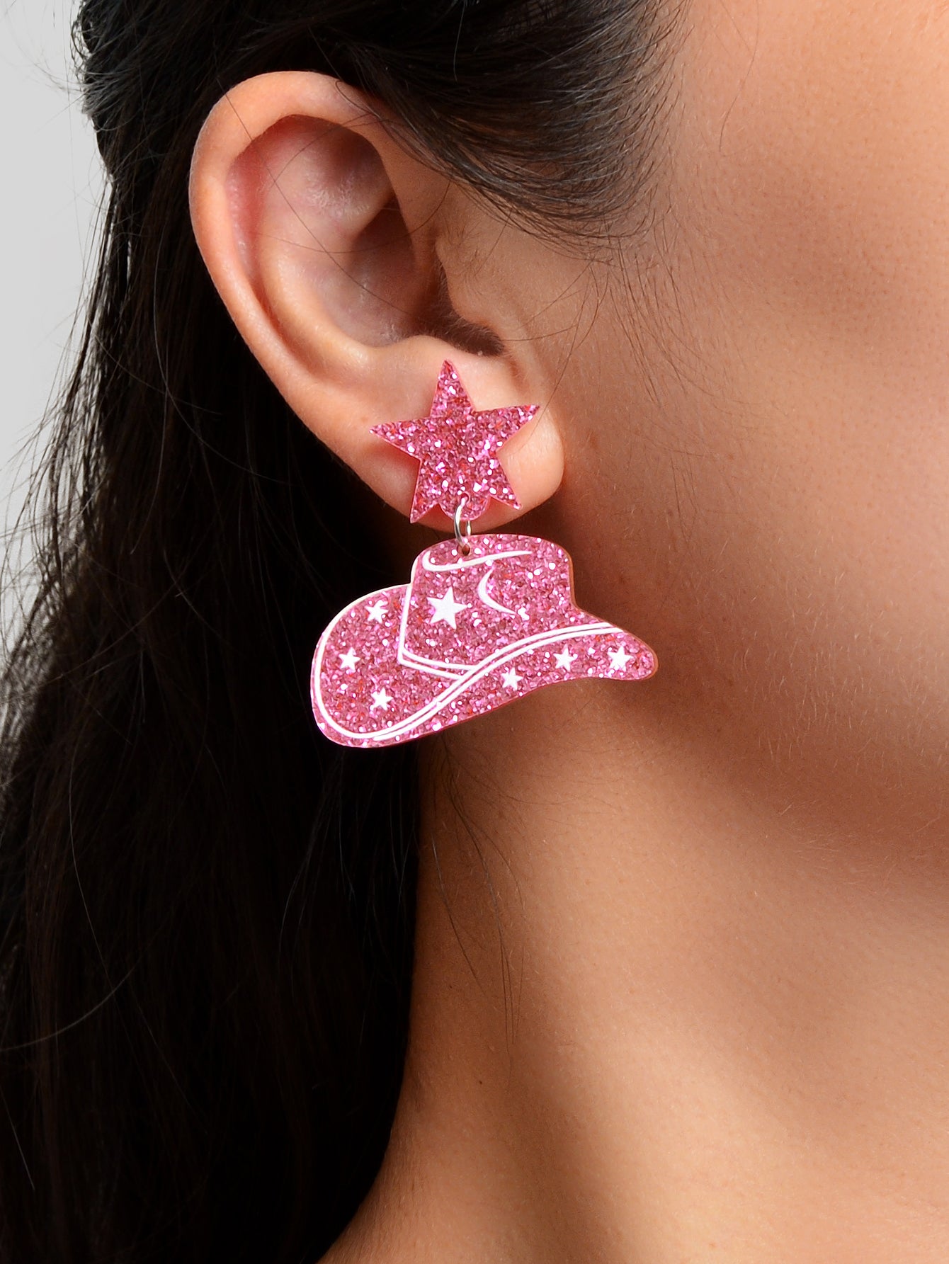 Sparkling Y2k Style Pink Acrylic Cowboy Hat Star Earrings Women Party Jewellery