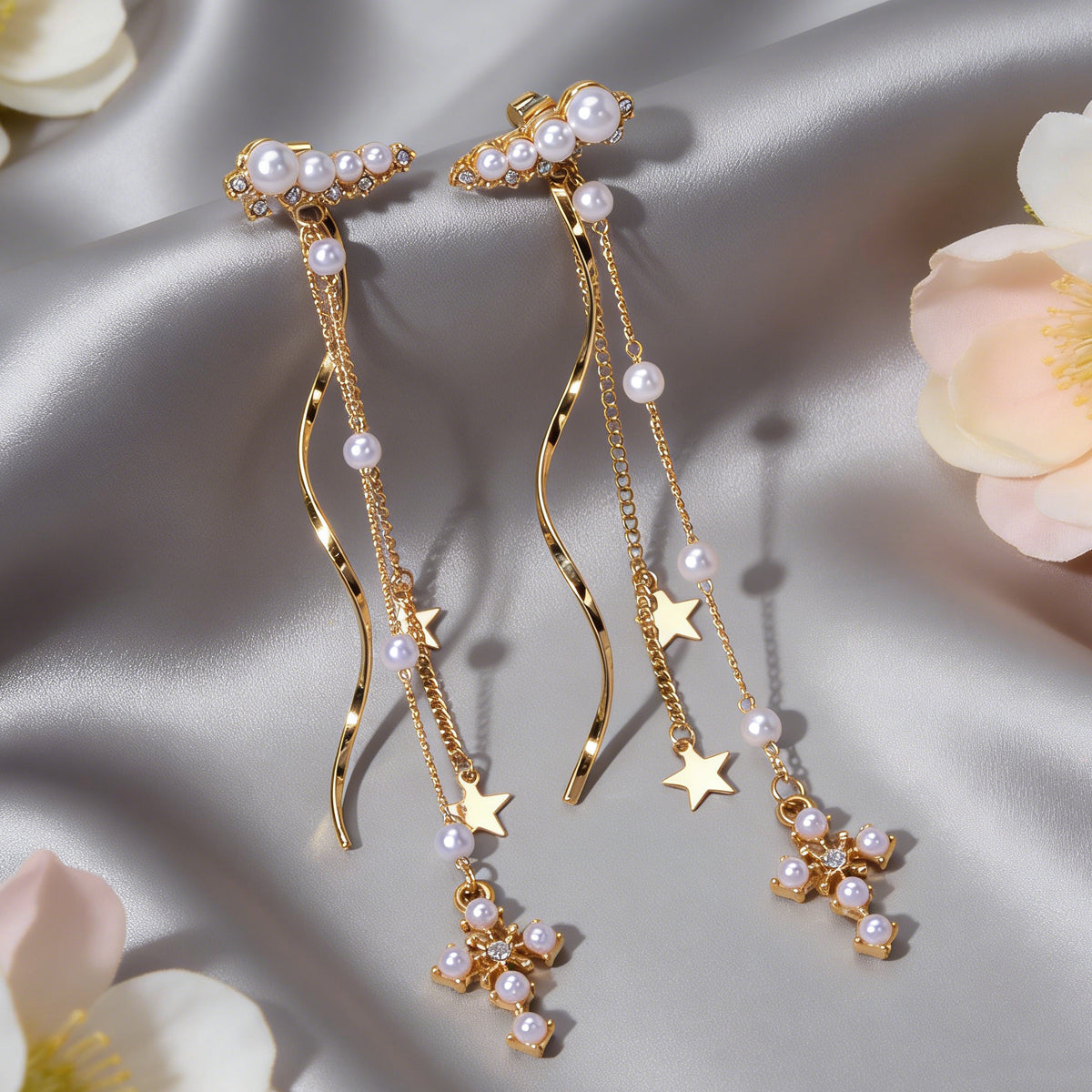 Rhinestone Pearl Gold Star Cross Charm Earrings Ear Jacket Tassel Stud Teen Gift