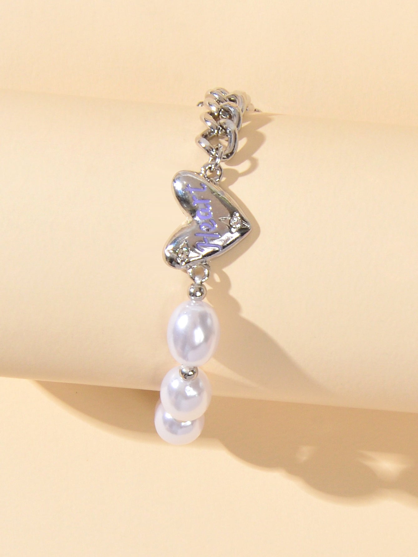 Retro Silver Pearl Beads Chain Letter Love Heart Charm Bracelet Textured Jewelry