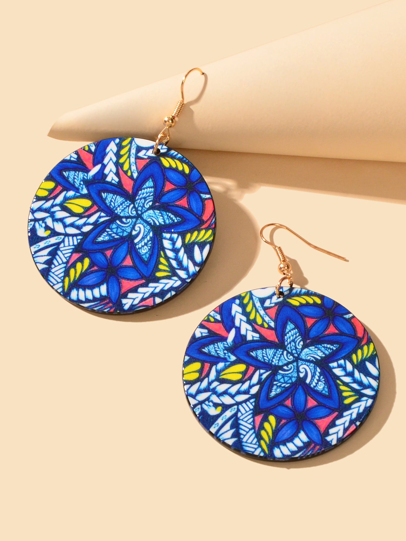 Vacation Jewellery Bohemia Chic Style Blue Flower Pattern Acrylic Round Earrings