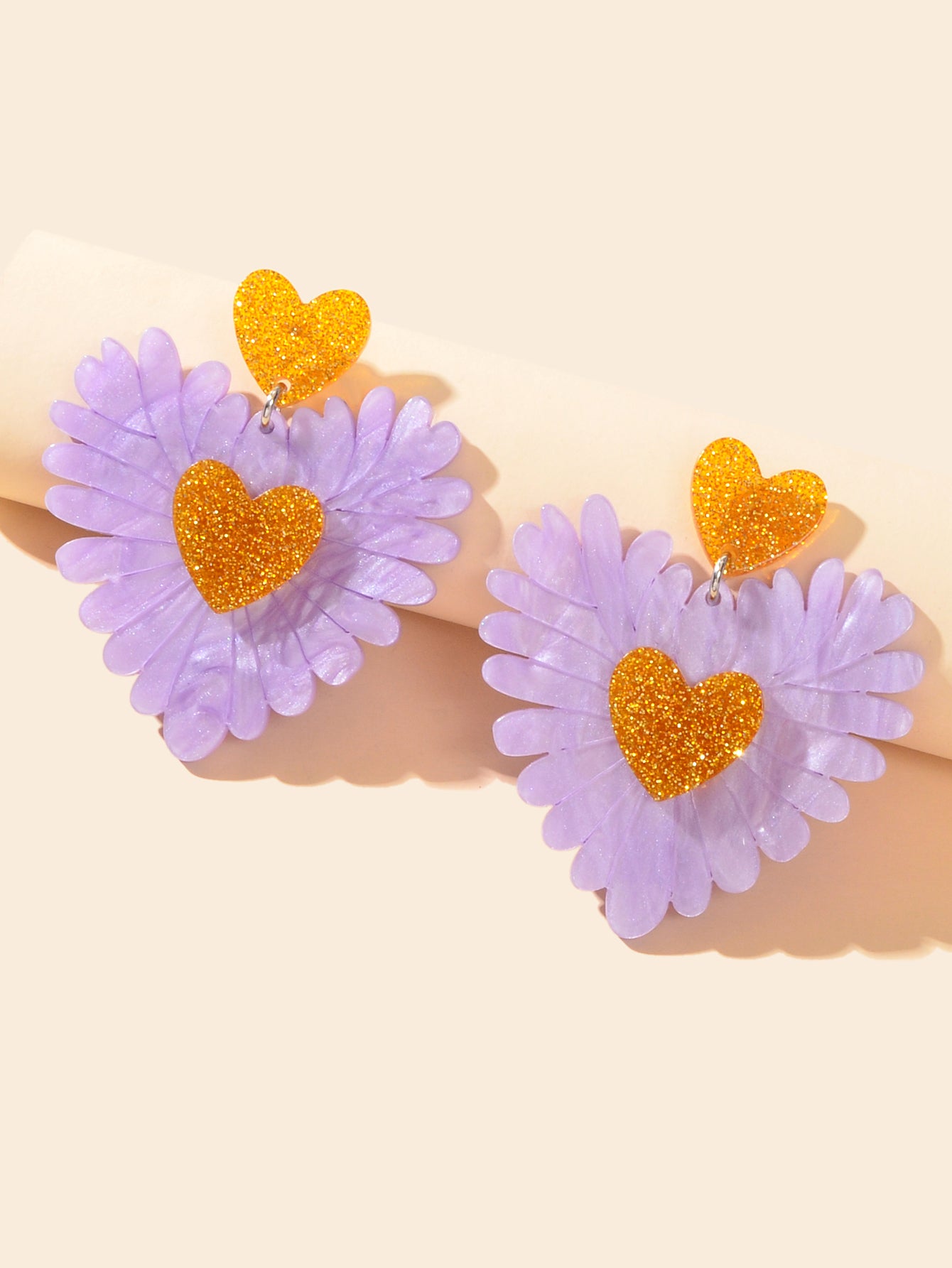 Sweet Holiday Acrylic Purple Flower Heart Earrings Valentine's Day Gift Jewelry