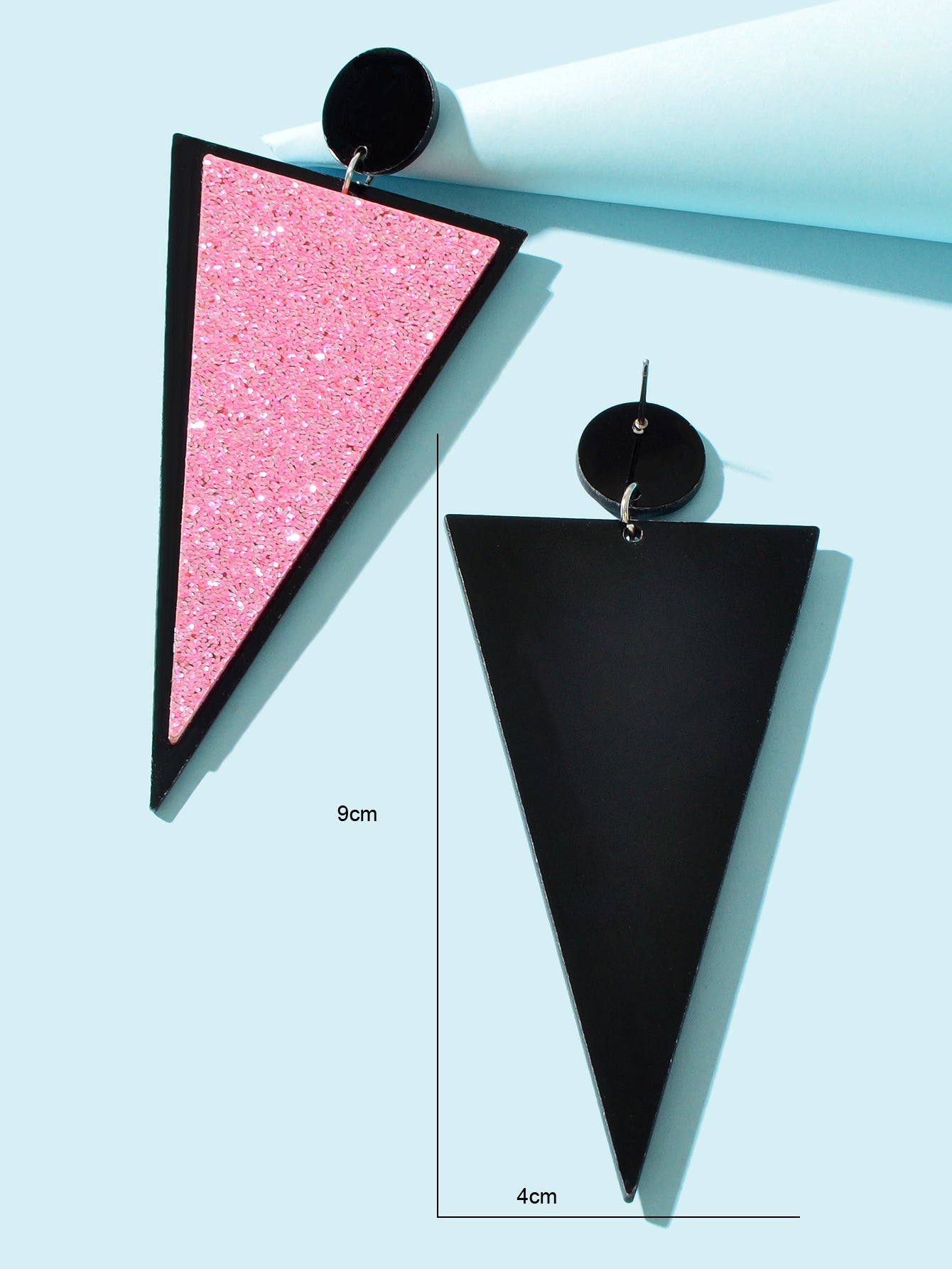 Shining Pink Sequin Decor Acrylic Triangle Geometric Dangle Earrings for Party