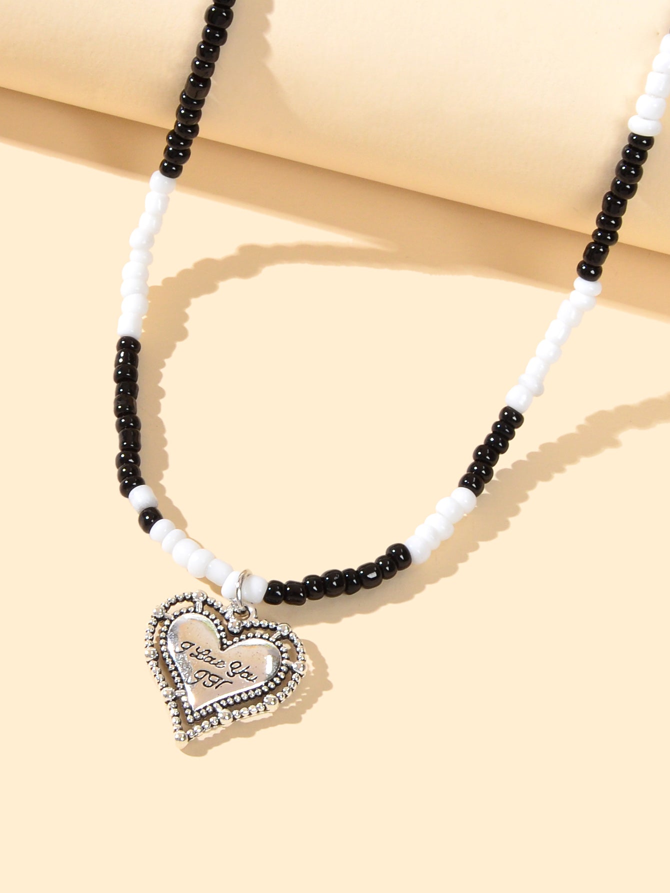 Handmade White Black Beads Chain Silver Letter Pattern Heart Charm Necklace Gift