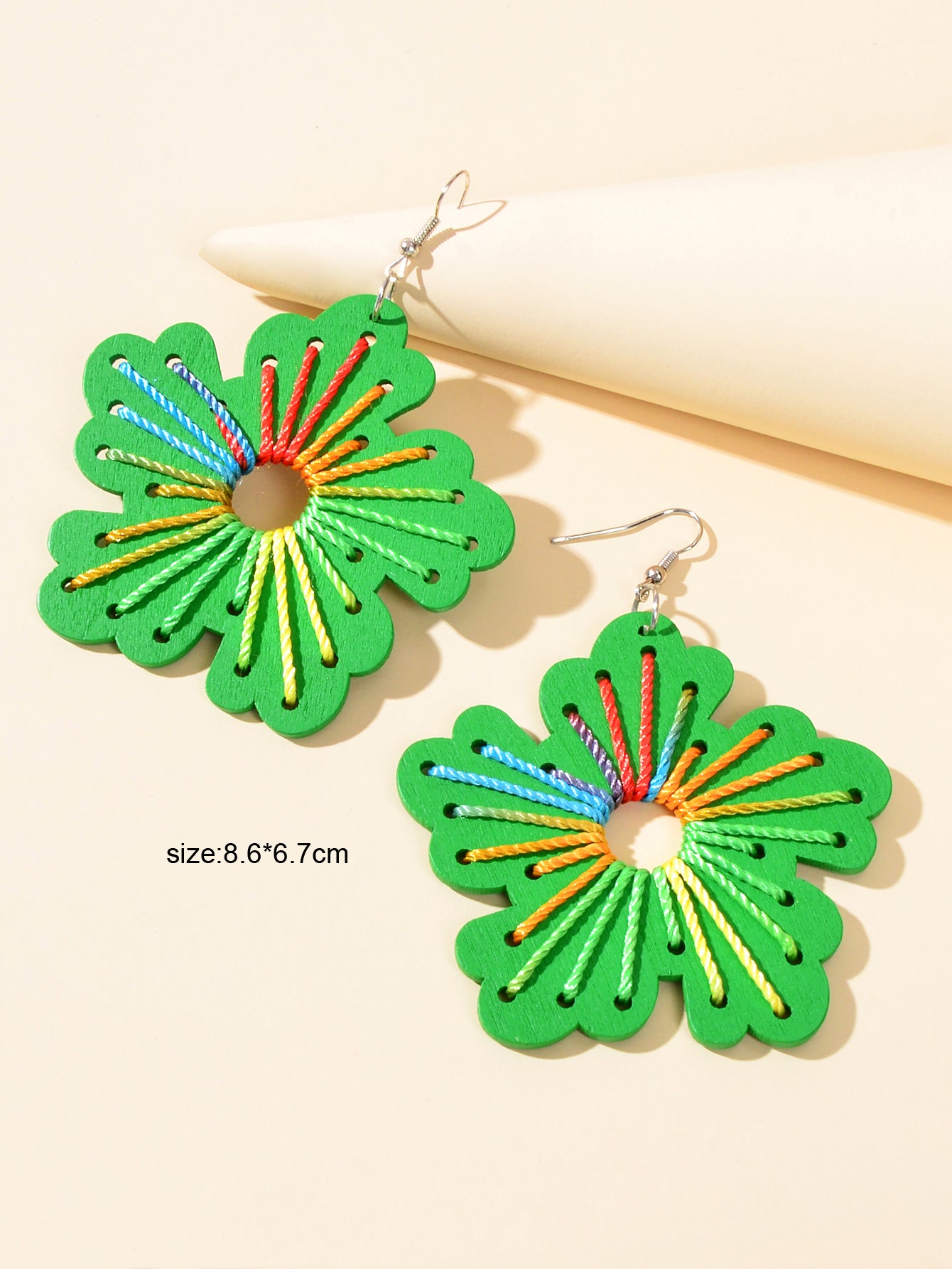Boho Handmade Jewellery Colorful Rope Braided Green Flower Wood Holiday Earrings