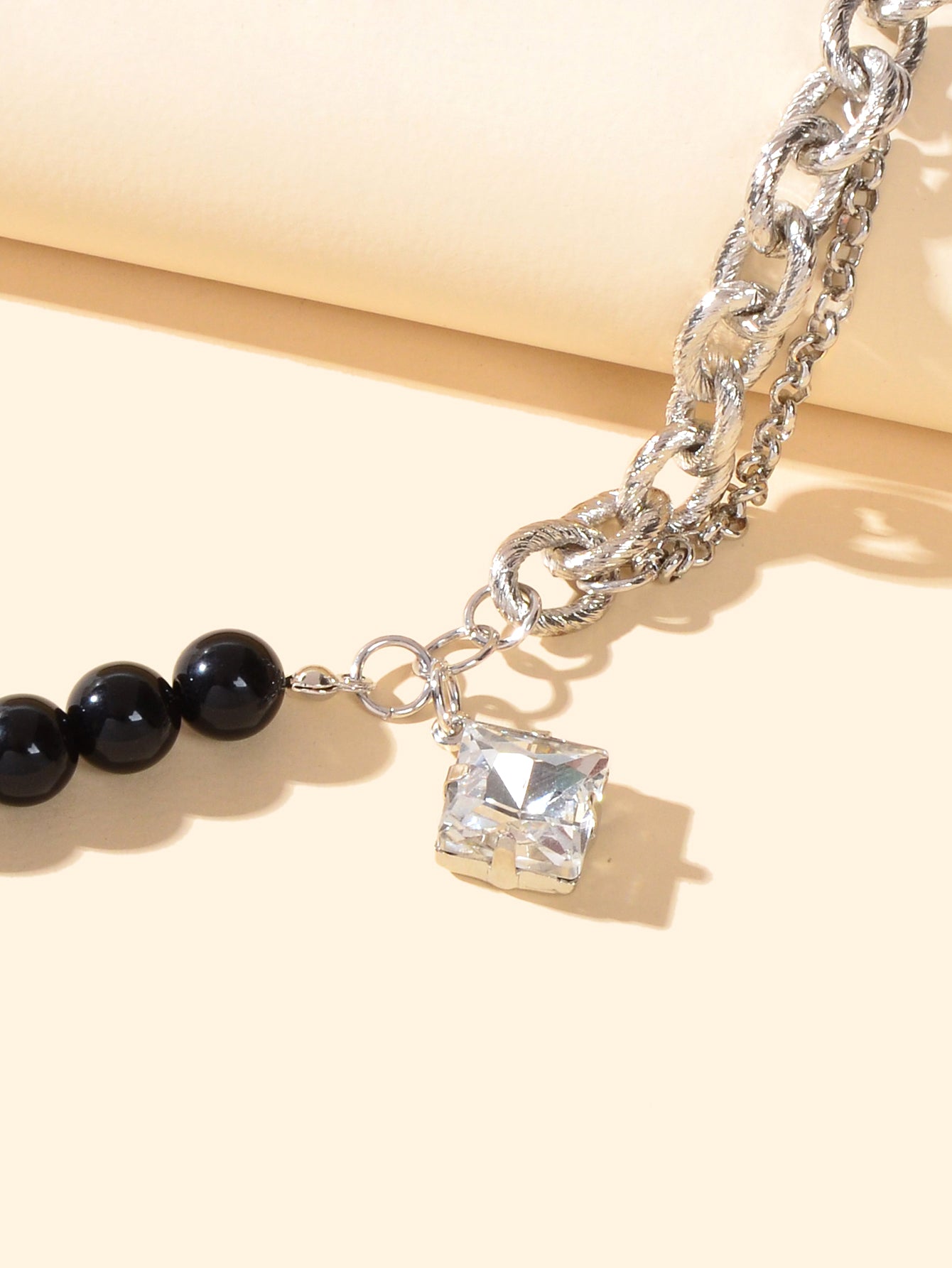 Designer Stylish Multiple Black Beads Silver Chain Square Acrylic Charm Bracelet