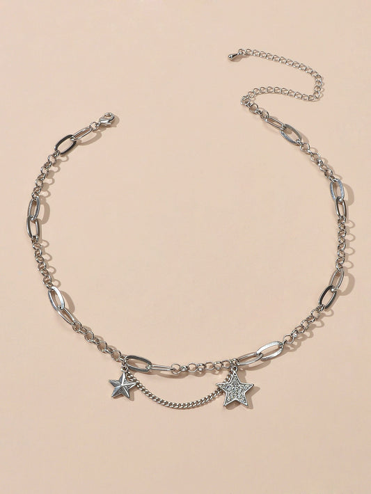 Retro Silver Trendy Paperclip Chain Rhinestone Star Charm Short Collar Necklace