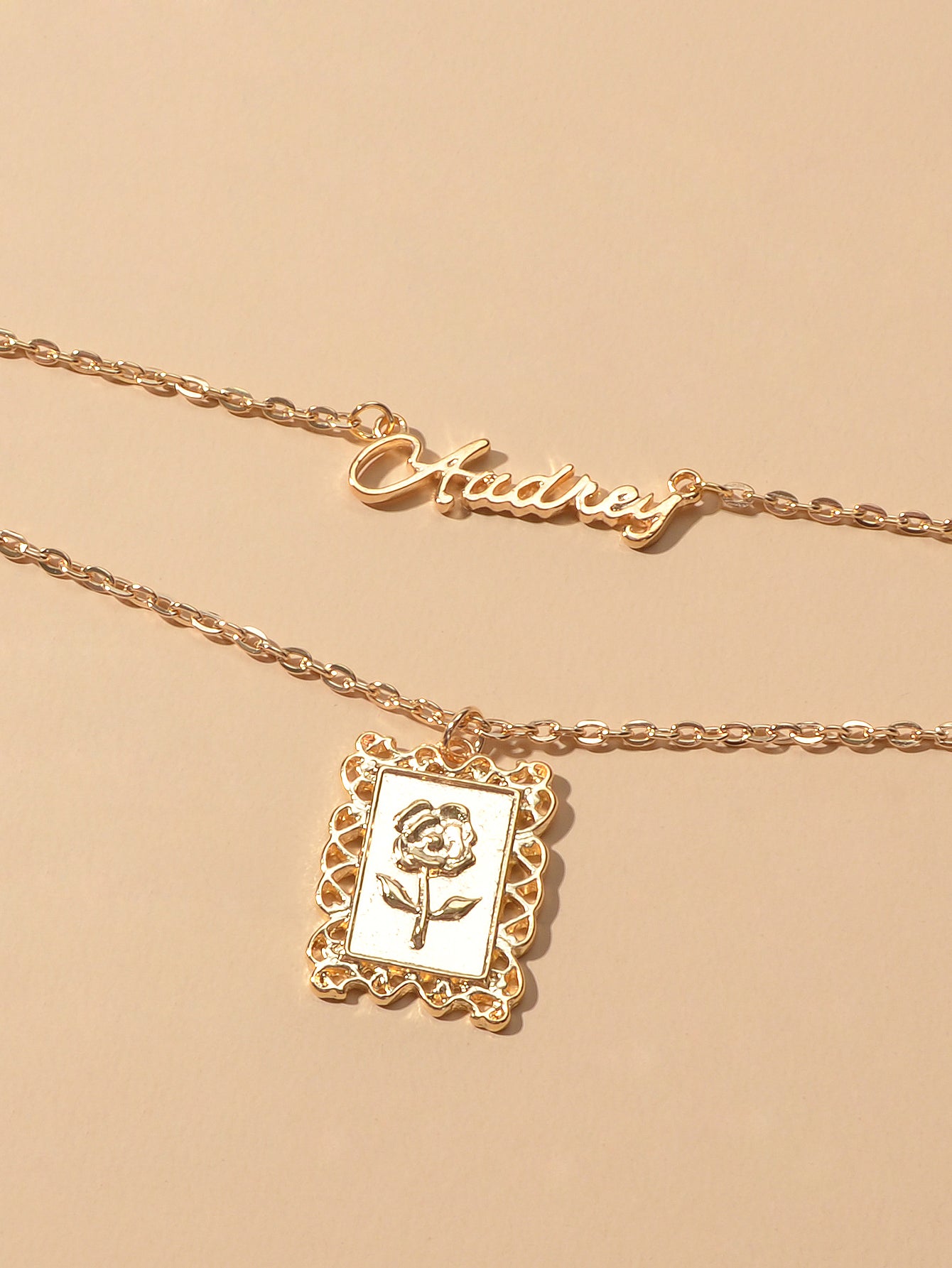 Unique Double layer Chain Letter Charm Flower Pattern Square Pendant Necklace