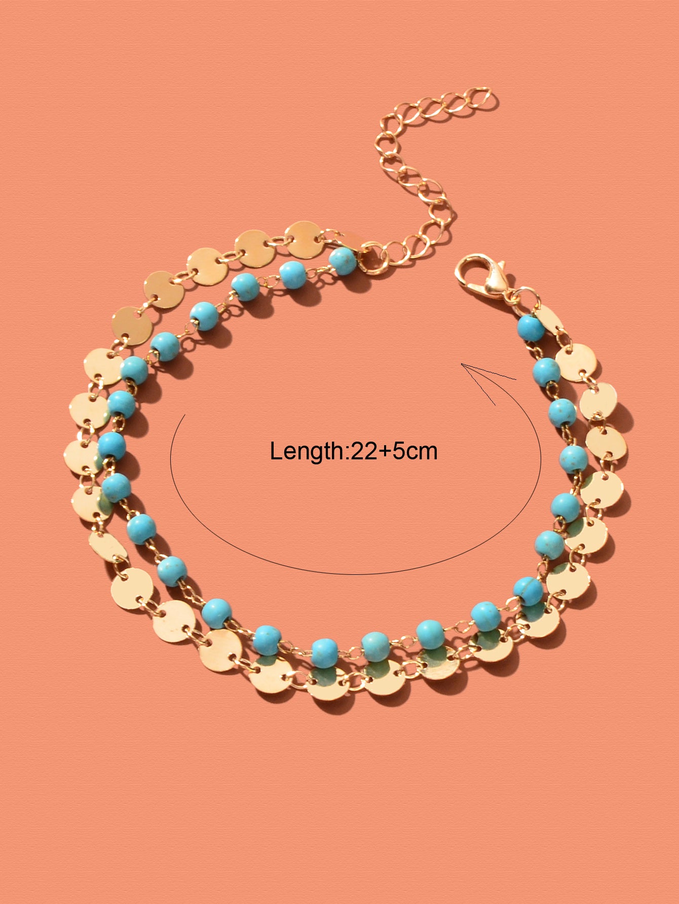 Ethnic Style Gold Silver Disc Chain Turquoise Beads Layered Anklet Foot Jewelry
