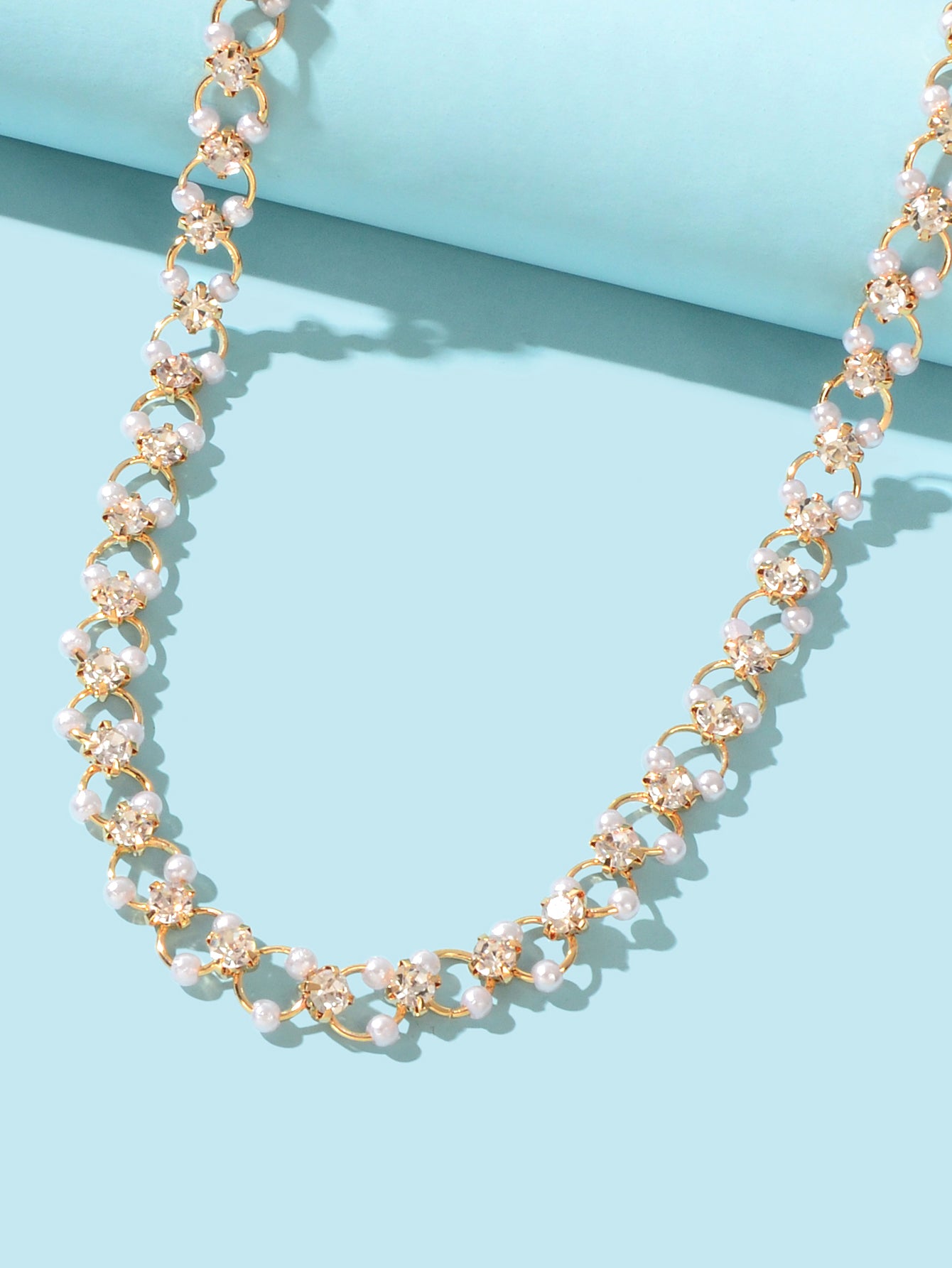 Wedding Engagement Gift Jewellery Rhinestone Pearl Decor Hollow Choker Necklace