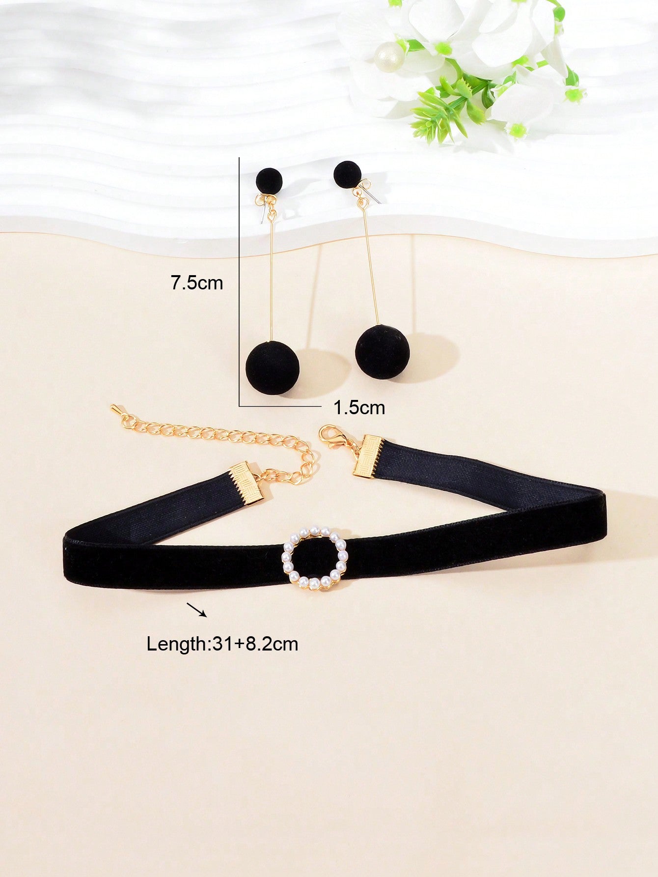 Chic Velvet Pearl Short Choker Necklace Long Earrings Set Elegant Black Ensemble