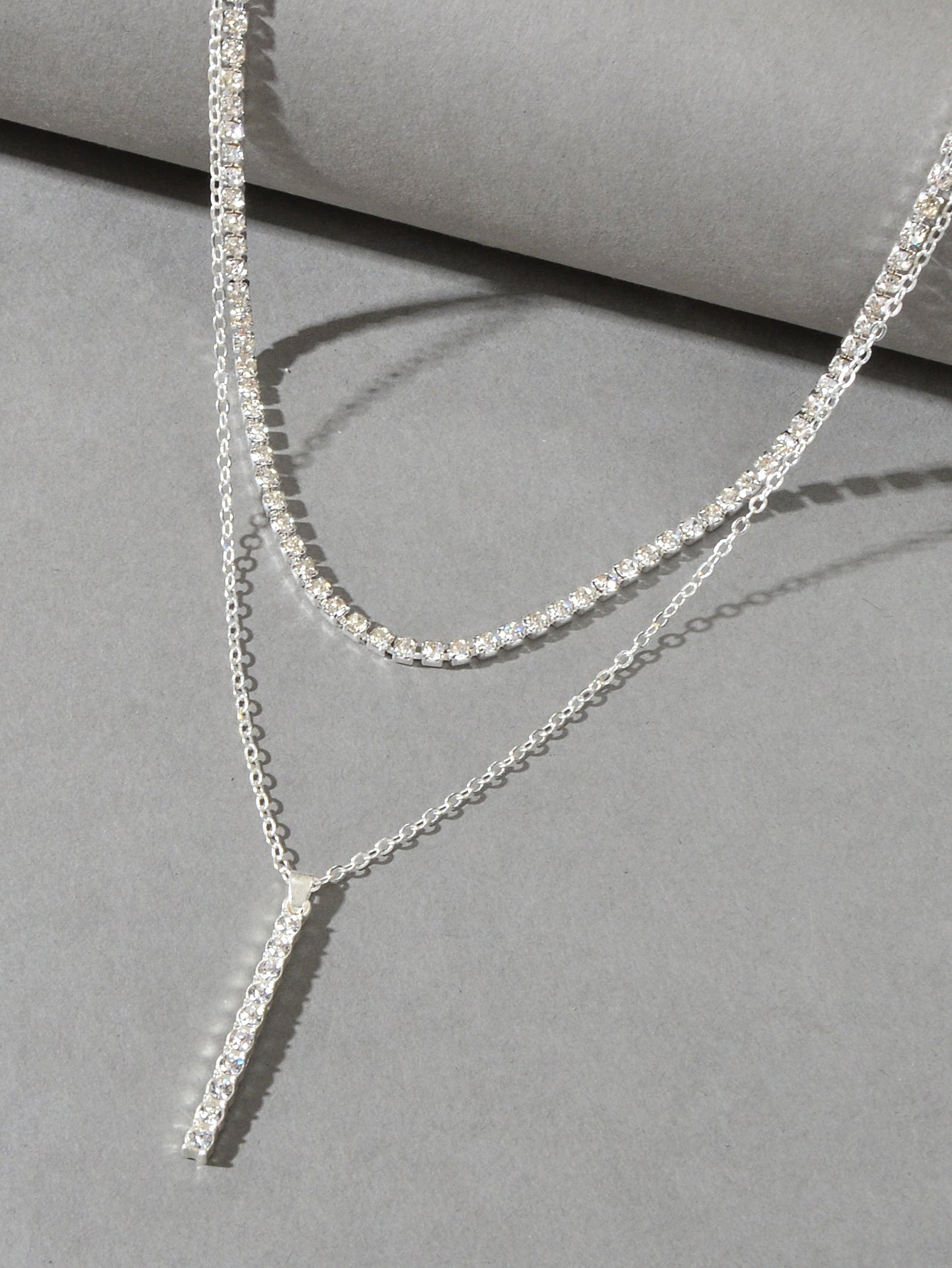 Trendy Shining Full Rhinestone Gold Silver Double layer Chain Bar Charm Necklace