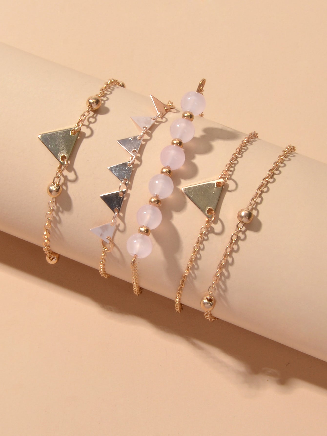 5pcs Gold Color Chain Pink Beads Triangle Decor Bracelet set Boho Chic Jewellery