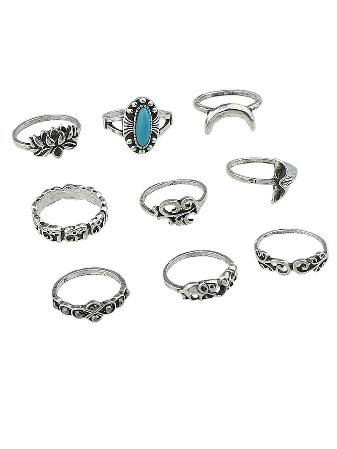 Stackable 9pcs Tribal Ethnic Lotus Elephant Moon Flower Multiple Bulk Rings set