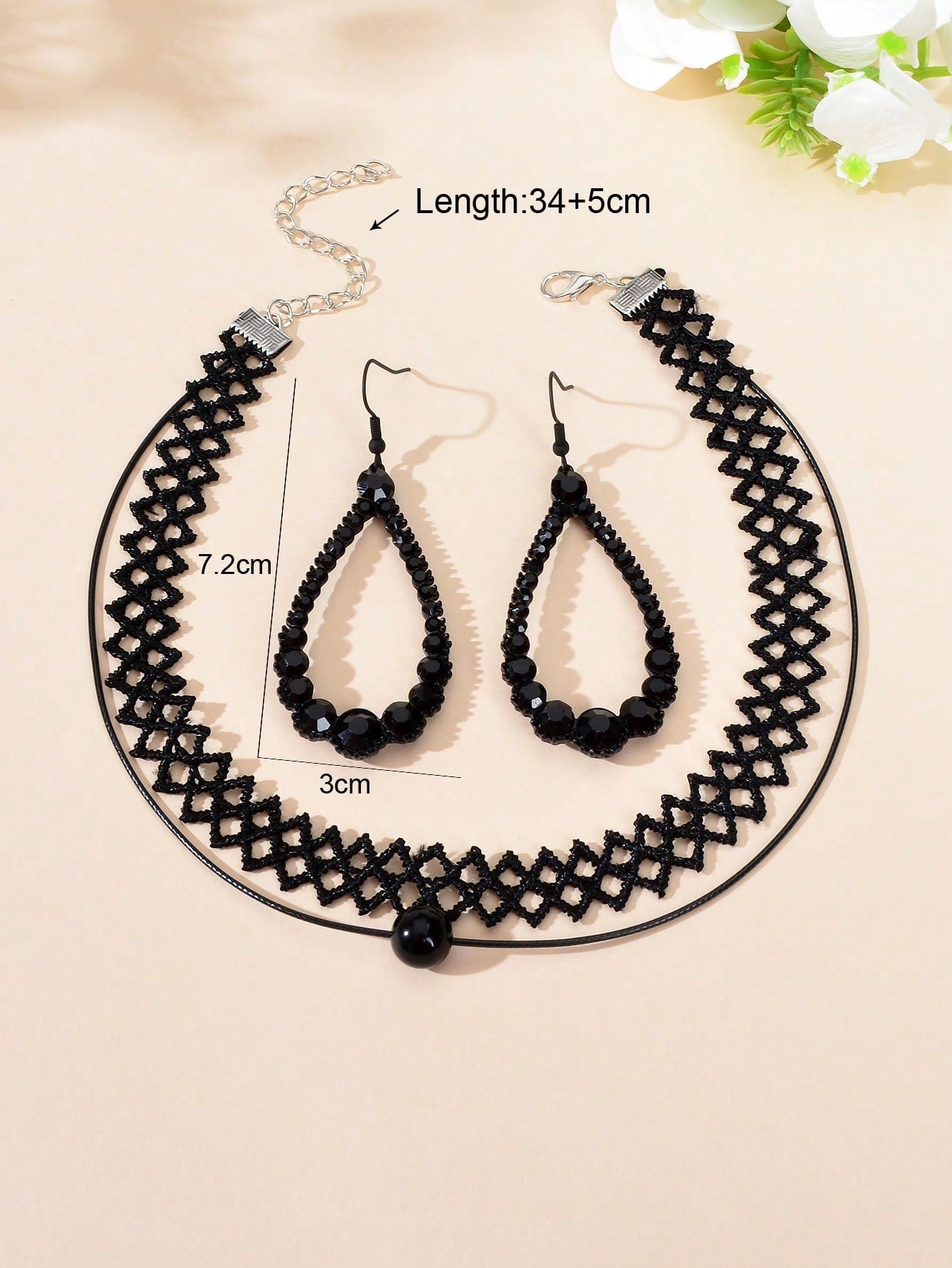 Black Lace Necklace with Teardrop Pendant Earrings Set - Elegant Gothic Jewelry