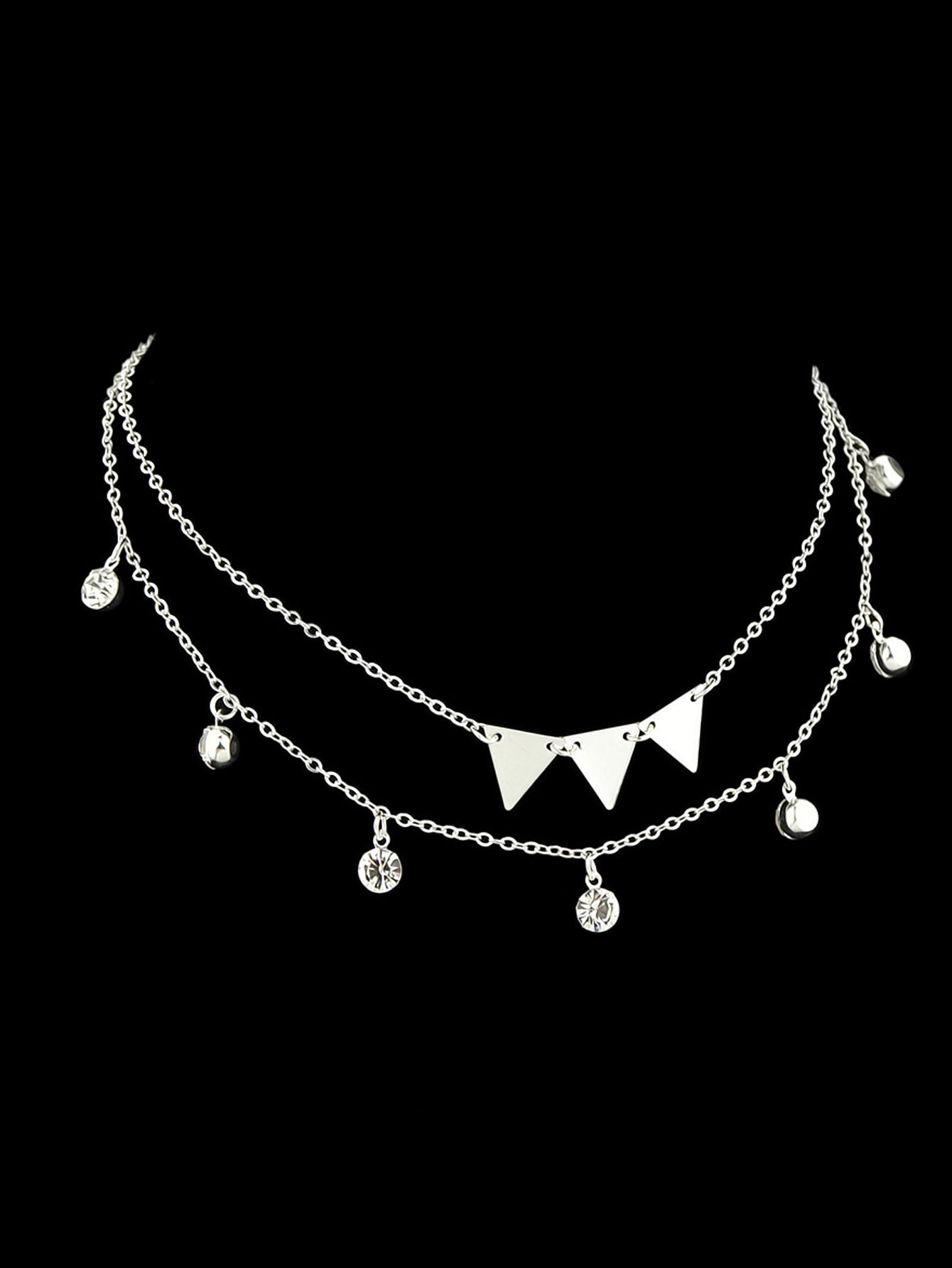 Trendy Jewellery Double layer Silver Chain Rhinestone Triangle Pendant Necklace