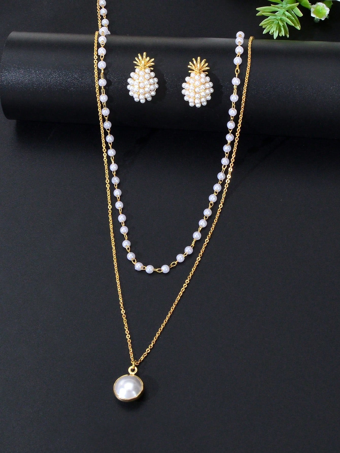 Pearl Pendant Double Layer Necklace & Pineapple Pearl Earrings Jewellery Set