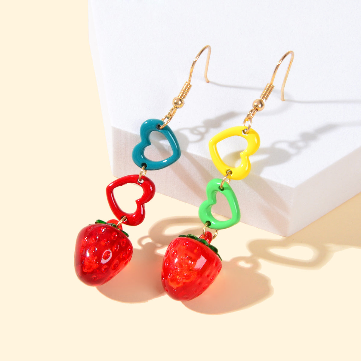 Colourful Heart Strawberry Earrings Long Dangle Drop Fruit Jewellery Funky Gift