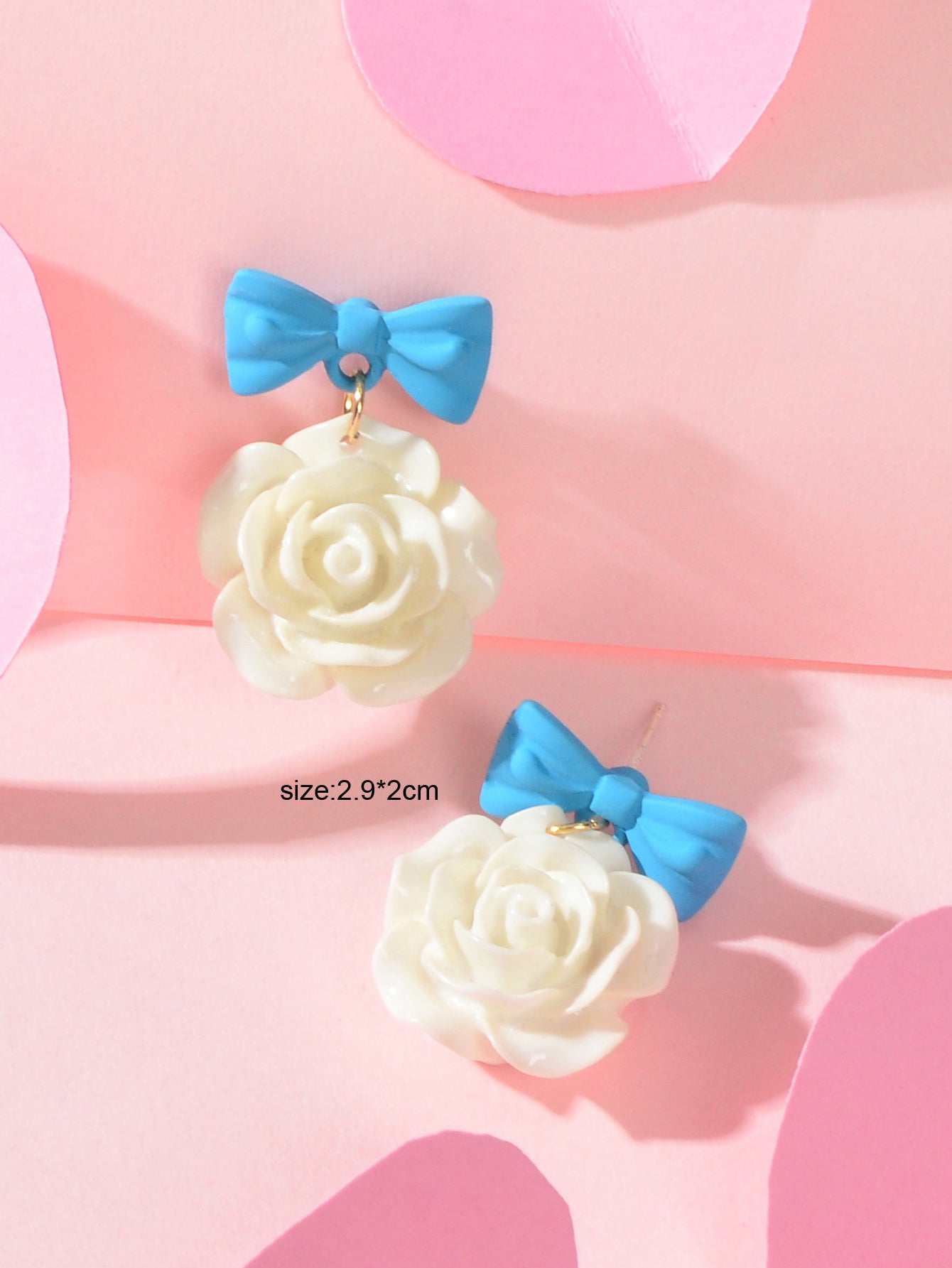 Elegant Jewellery Blue Bow Tie White Resin Flower Dangle Pierced Party Earrings