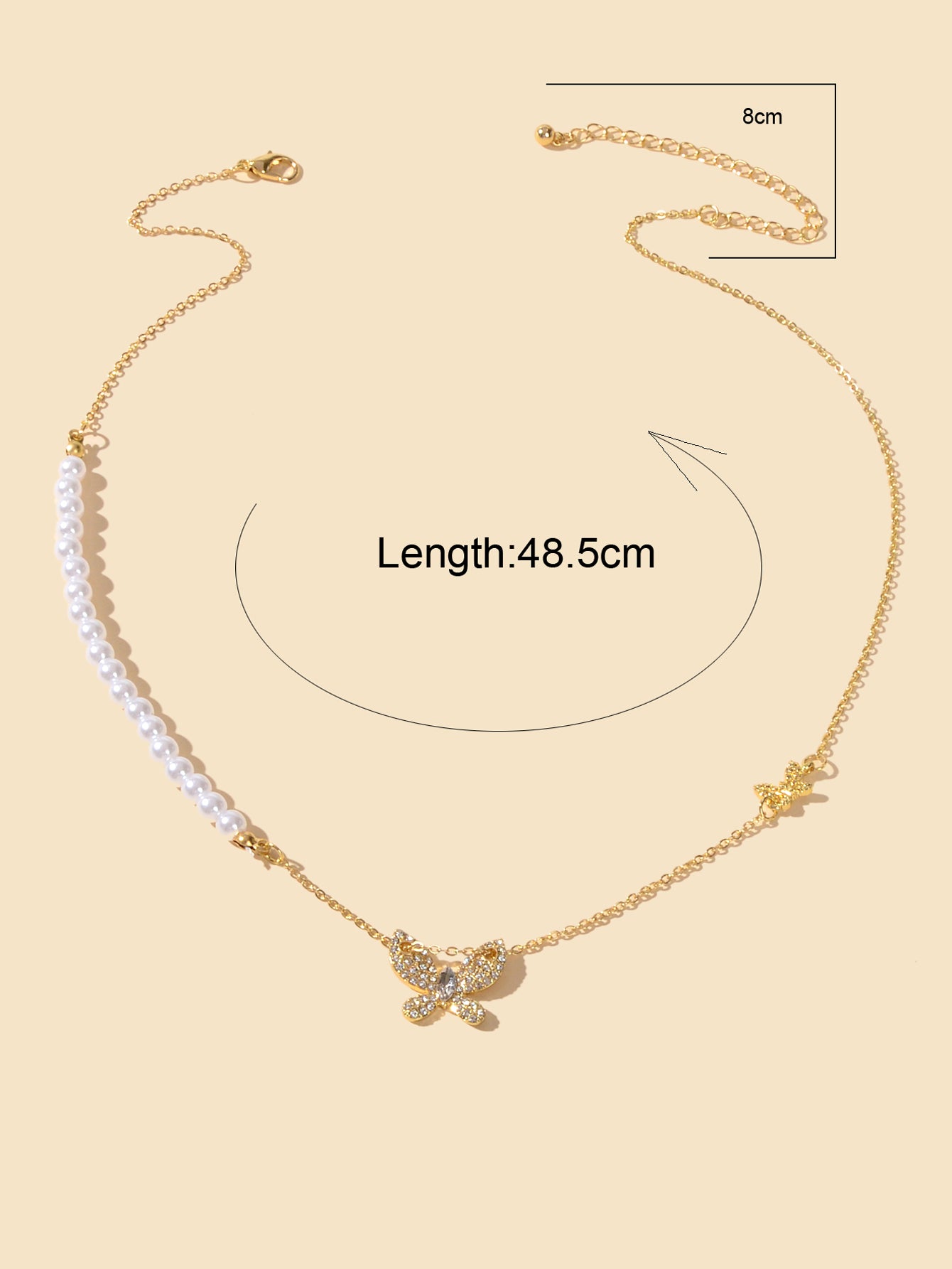 Textured Engagement Gift Jewelry Pearl Beads Chain Rhinestone Butterfly Necklace