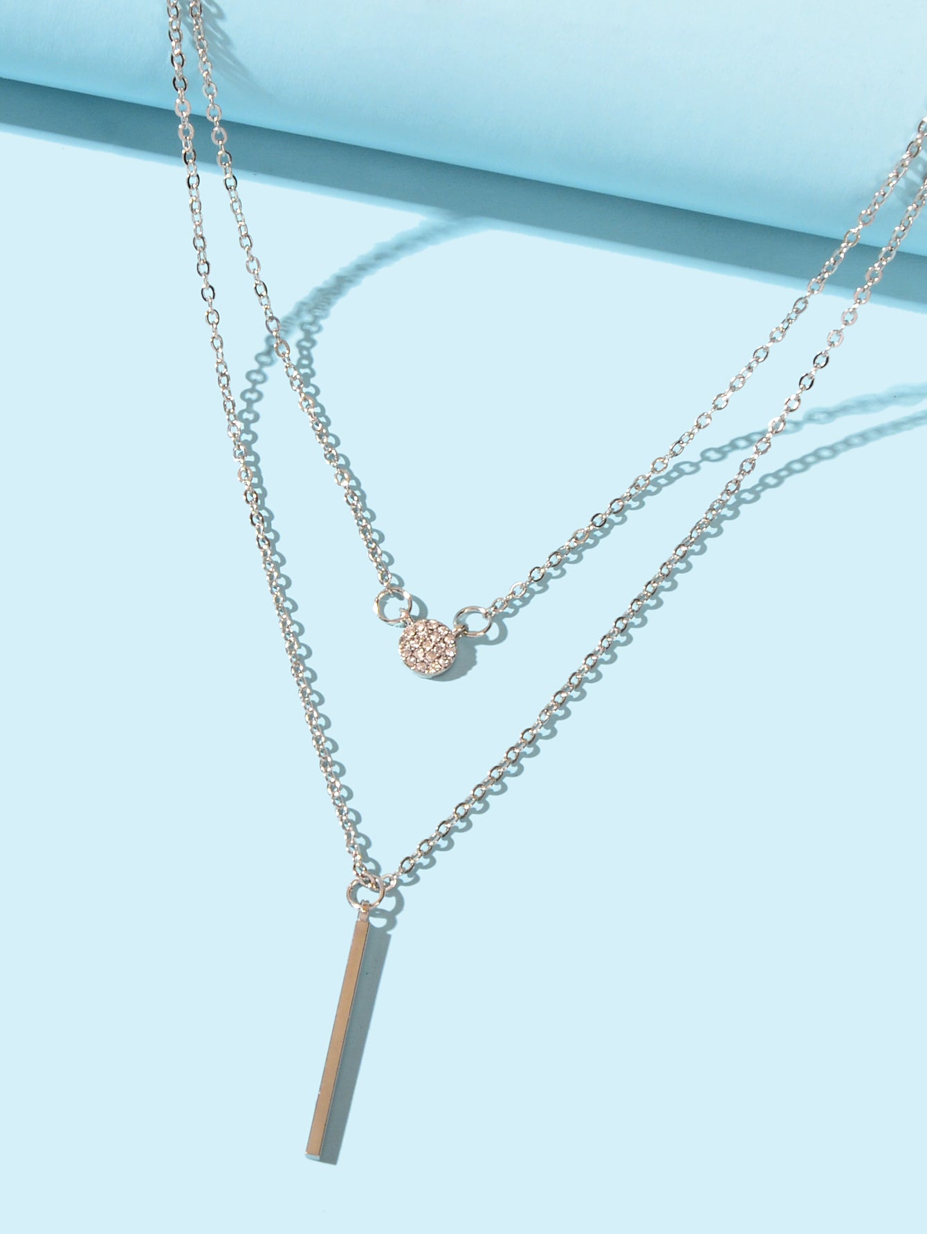Female Jewellery Rhinestone Double layer Silver Chain Round Bar Pendant Necklace