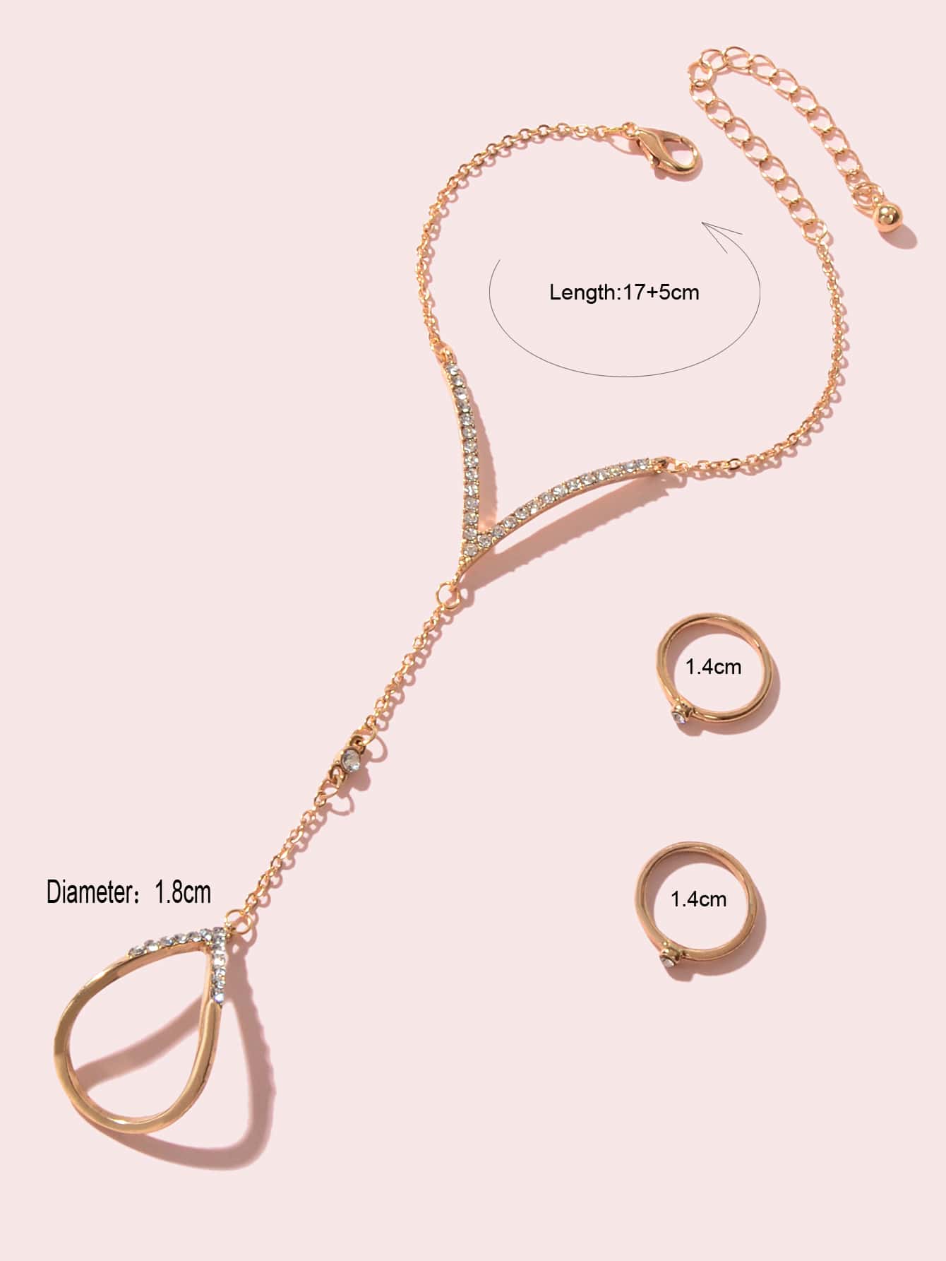 Jewellery set Rhinestone Decor Gold Chain Slave Bracelet and 2 pcs Knuckle Ring