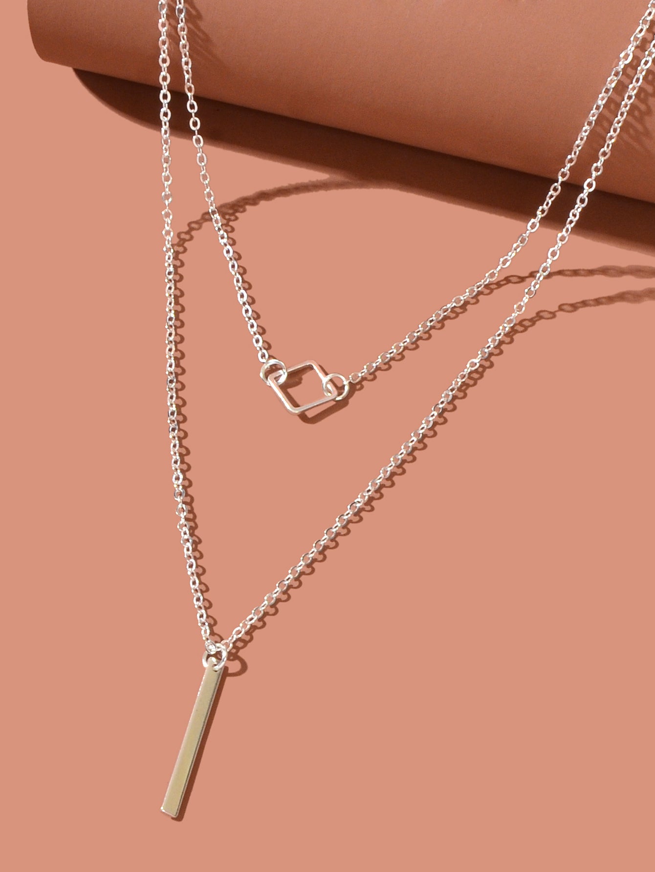Double Layer Silver Chain Y Style Square Bar Pendant Necklace Party Accessories