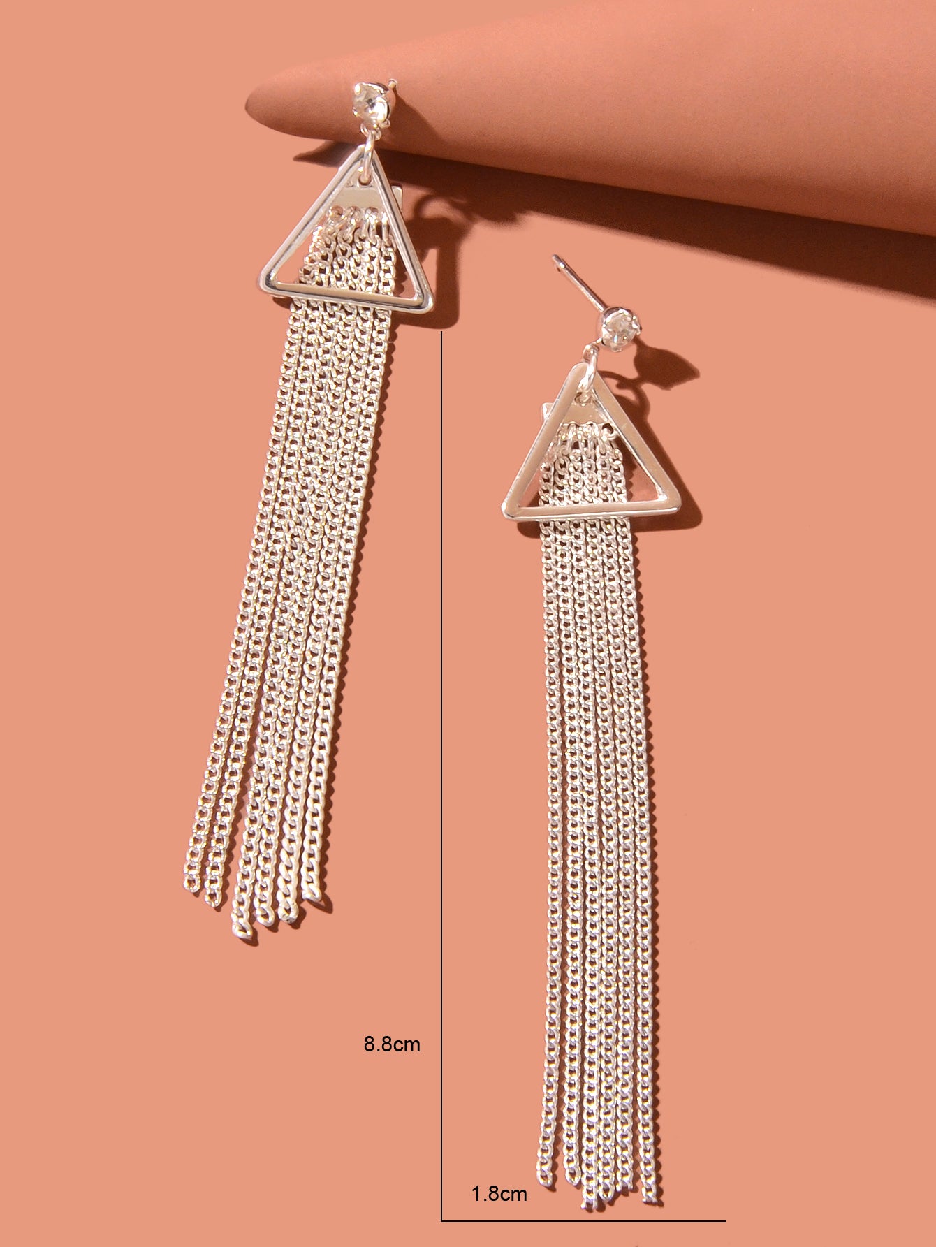 Rhinestone Triangle Silver Tassel Long Chain Drop Dangle Party Stud Earrings