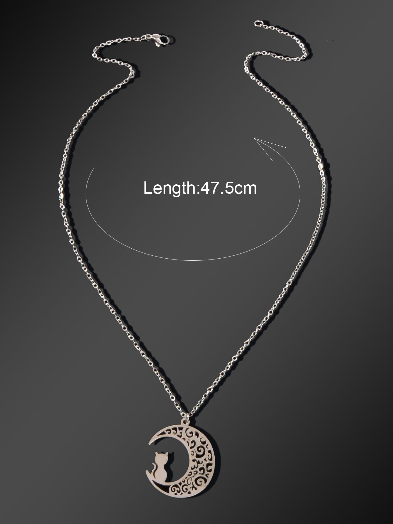 Party Jewelry Gift Silver Chain Stainless Steel Hollow Moon Cat Pendant Necklace