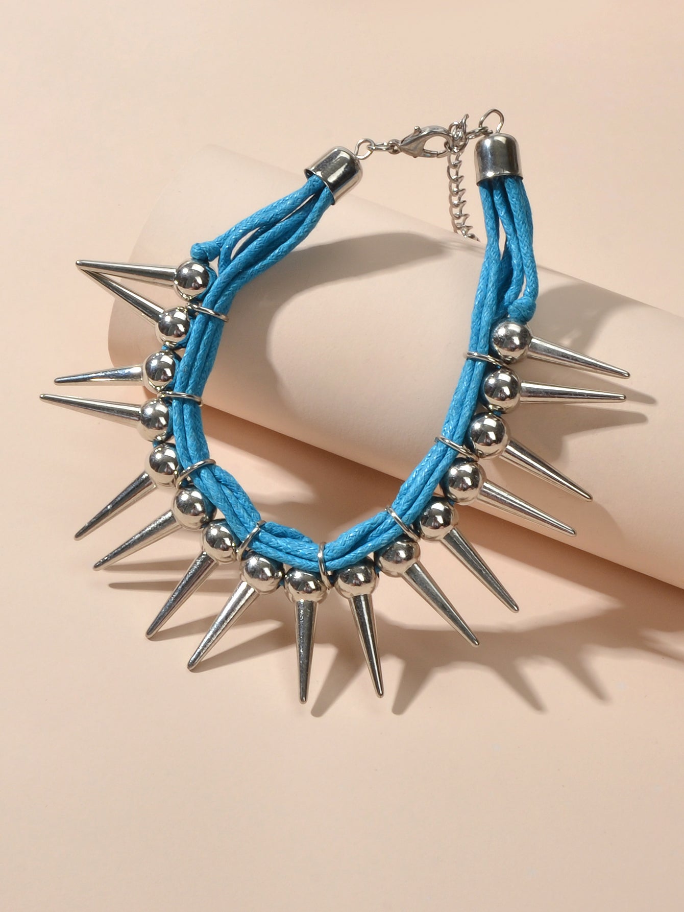 Grunge Punk Rock Jewelry Blue Pu Leather Multi-layer Chain Silver Spike Bracelet