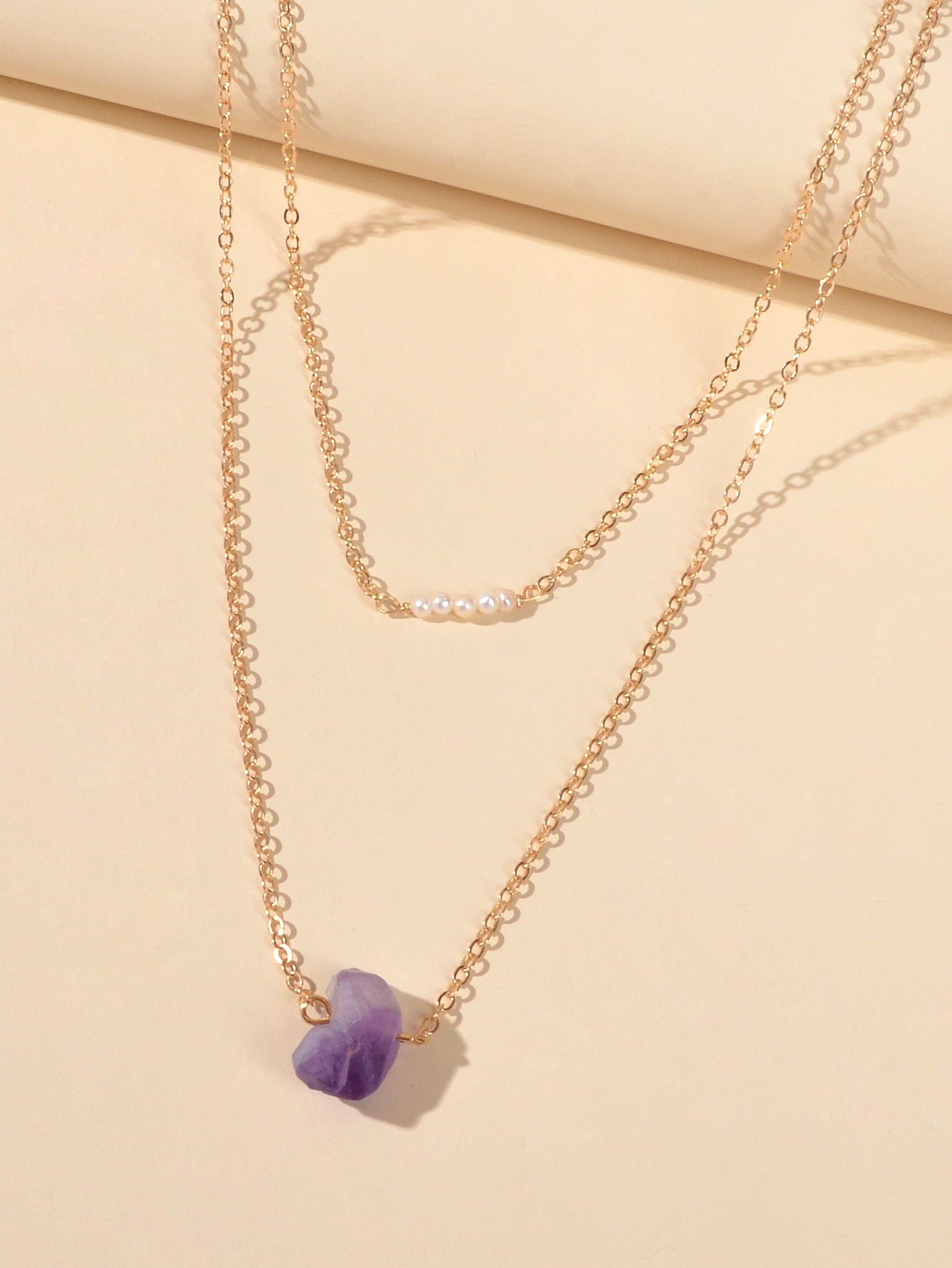 Boho Chic Jewellery Pearl Decor Double layer Chain Purple Stone Pendant Necklace