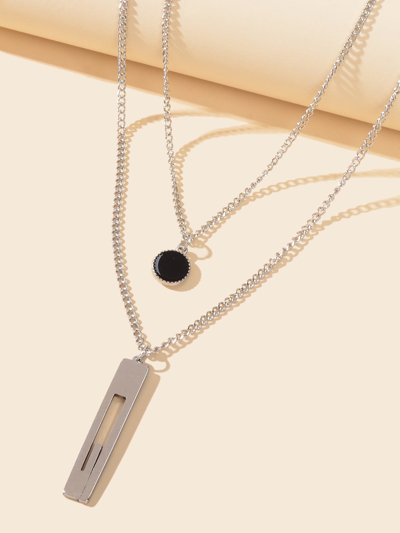 2pcs Silver Chain Punk Black Round Charm Stainless Steel Square Pendant Necklace