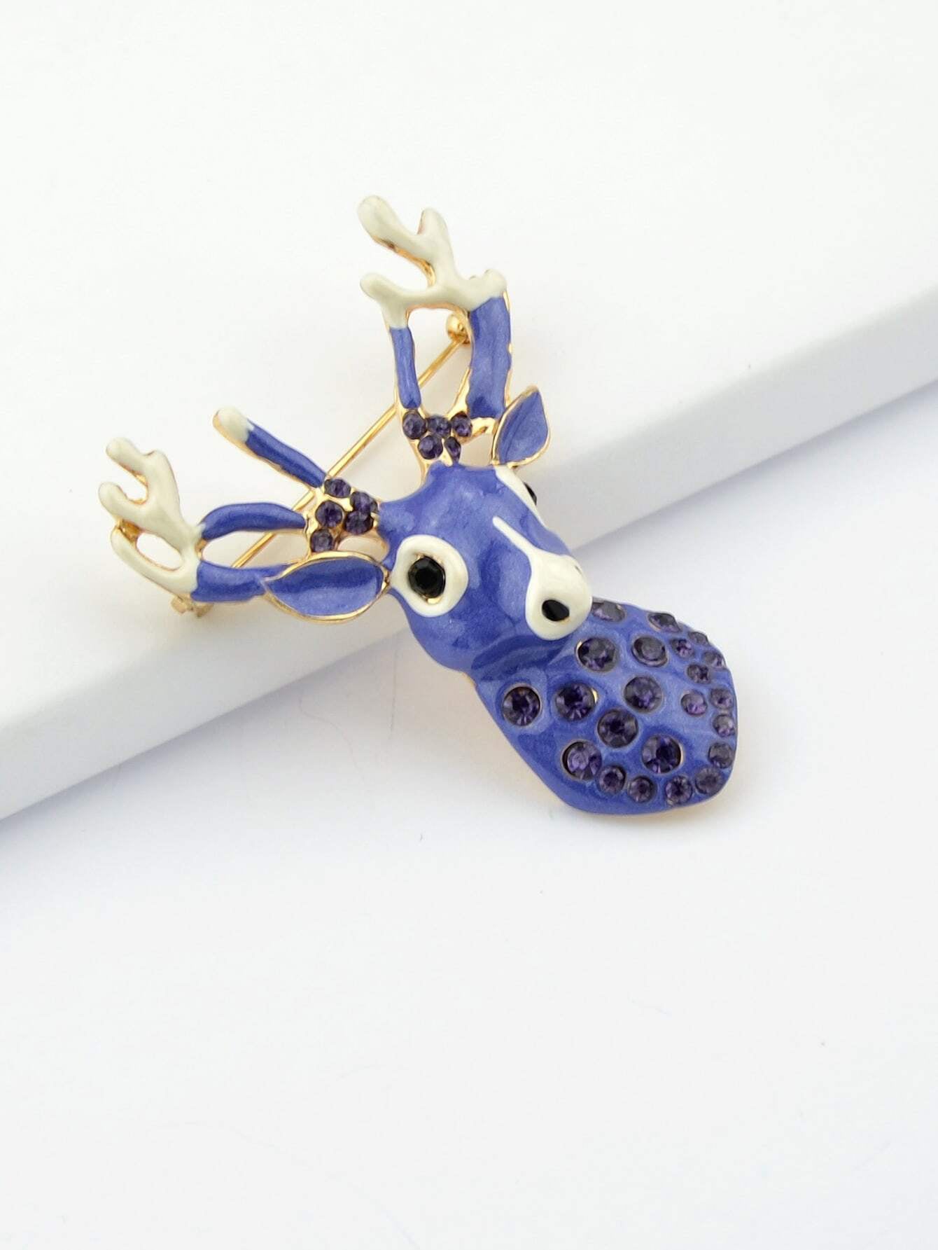 Delicate Xmas Jewellery Rhinestone Reindeer Brooch Purple Deer Head Animals Pin