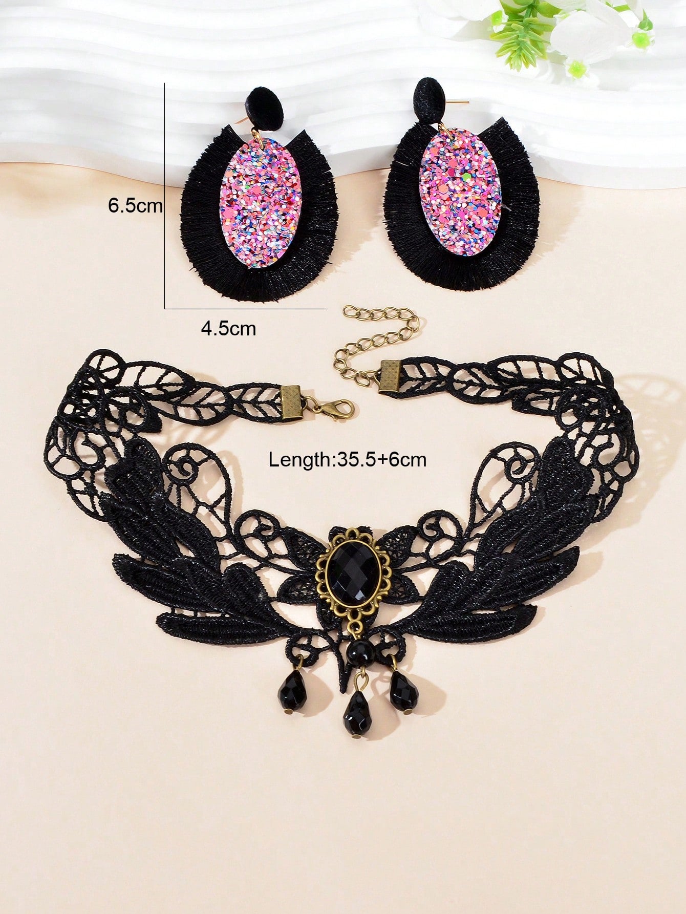 Black Punk Lace Short Necklace with Tassel Earrings Edgy Choker Jewellery Set