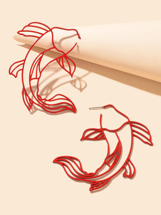 Personality Red Hollow Fish Stud Exaggerated Earrings Party Decoration for Women