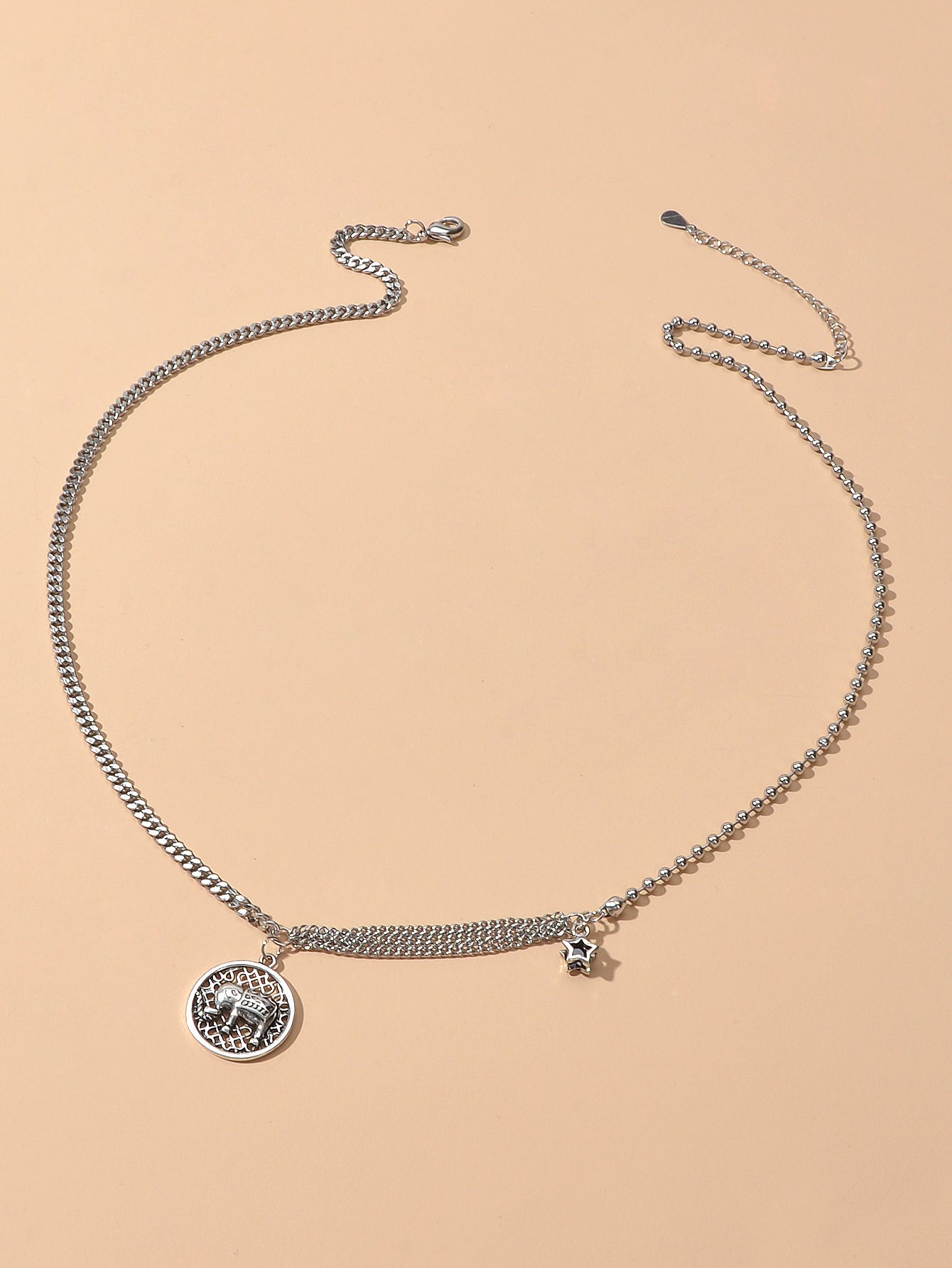 Intricate Antique Silver Multiple Chain Star Elephant Hollow Round Necklace Gift