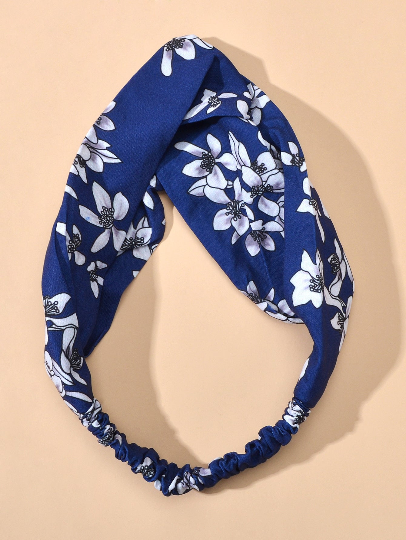 Ethnic Wide Headband White Flower Blue Stretch Elastic Turbans Stylish Hair Band