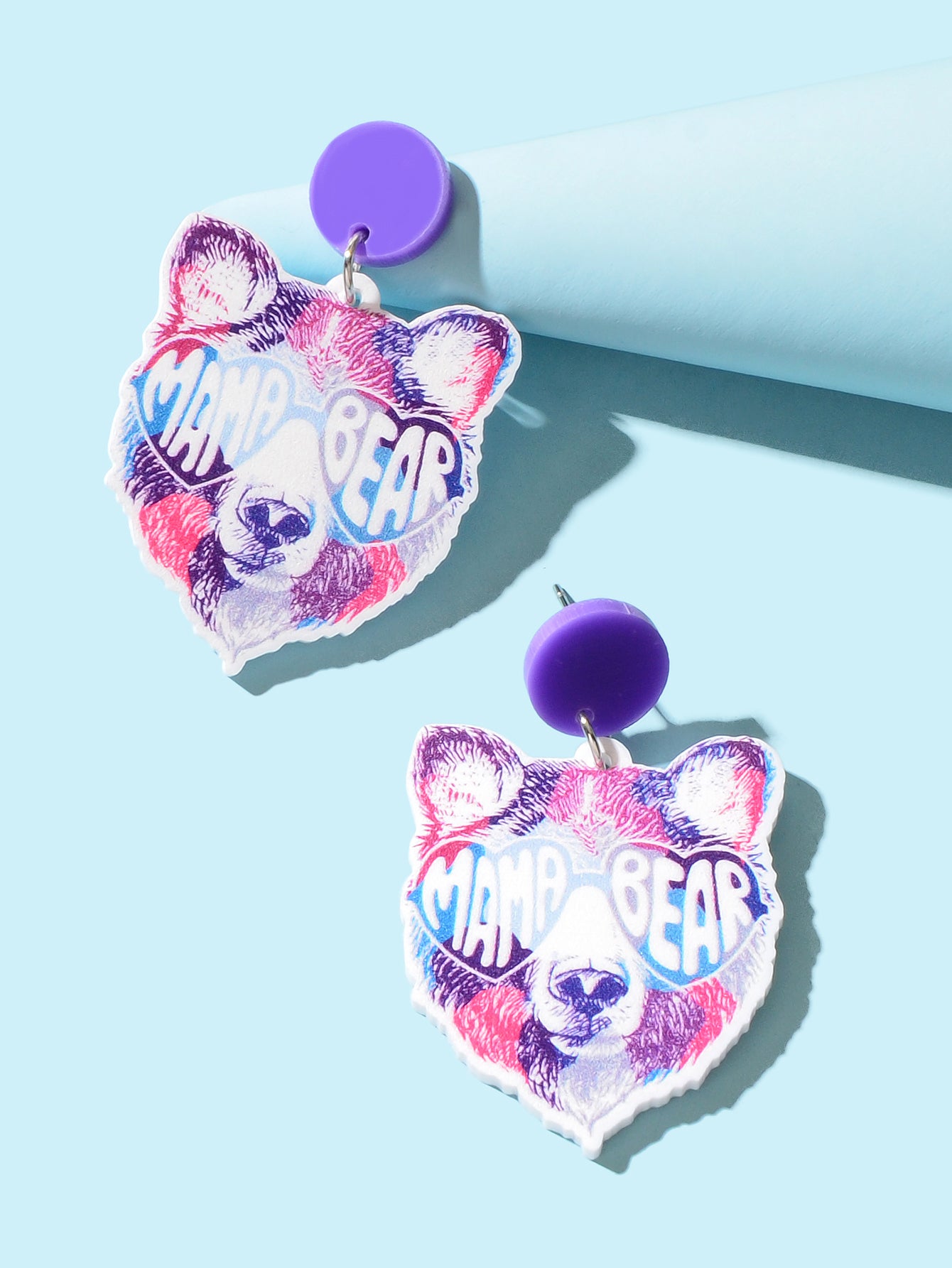 Stylish Purple Acrylic Letter Bear Head Dangle Earrings Women Party Decoration